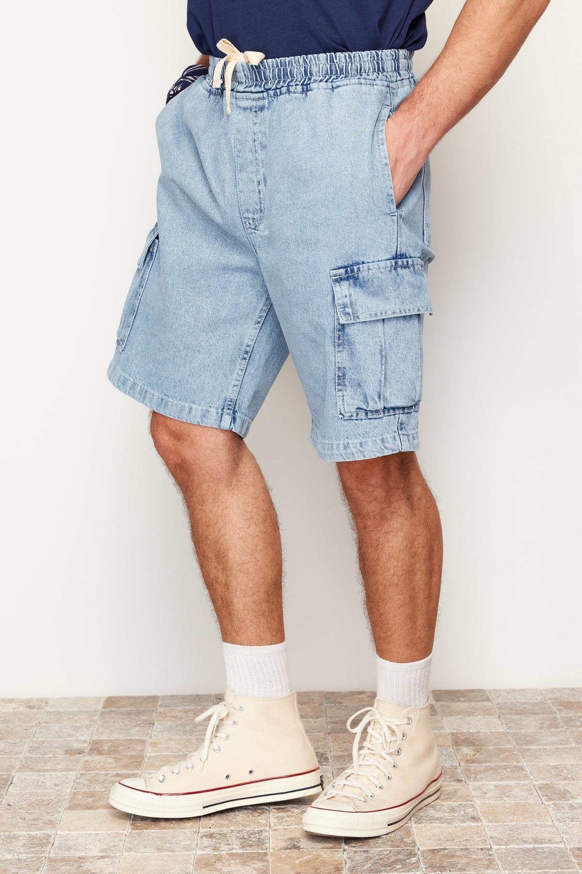 Blue Cargo Pocket Elastic Waist Jeans, , large image number 1