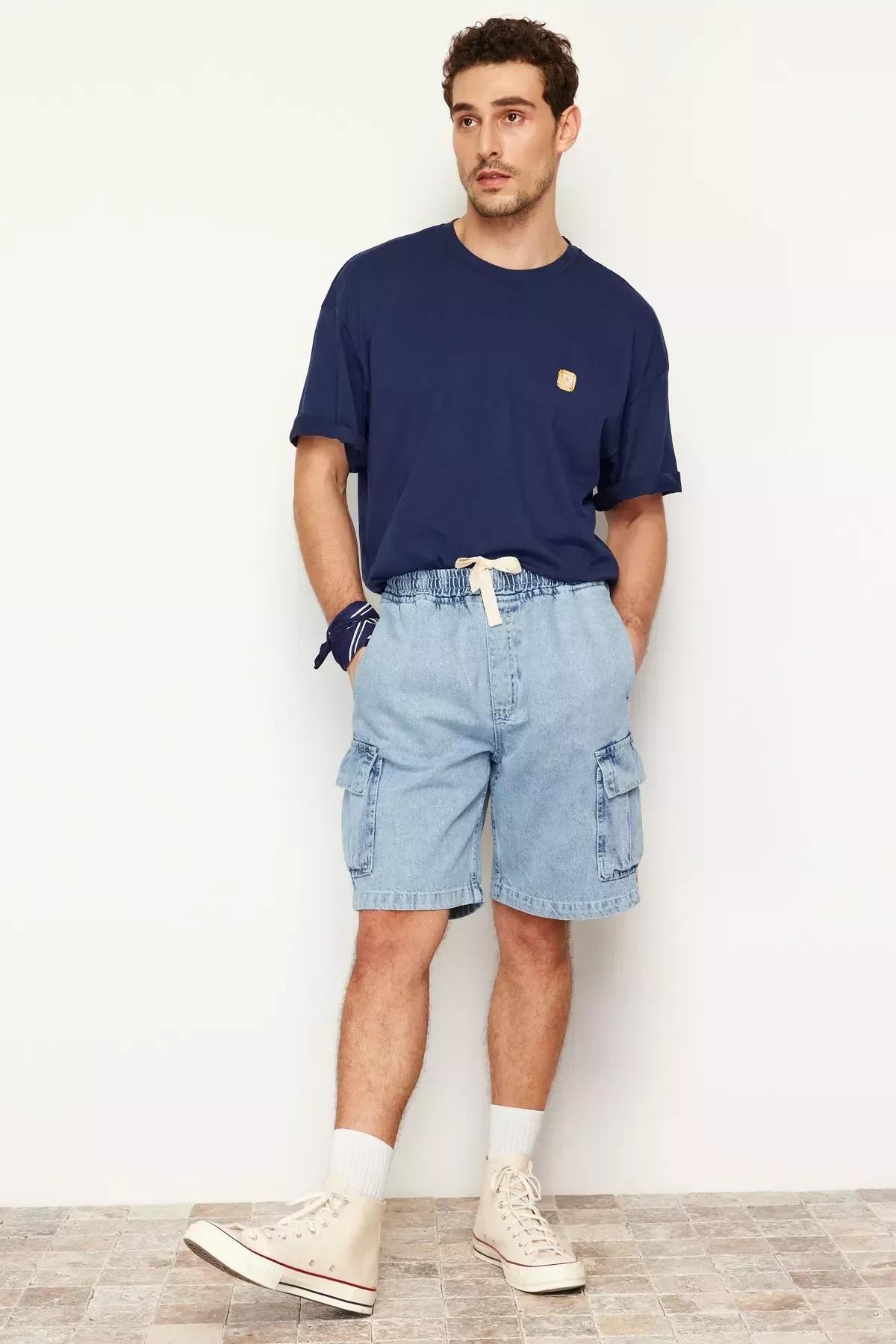 Blue Cargo Pocket Elastic Waist Jeans, Light Blue-6006, medium