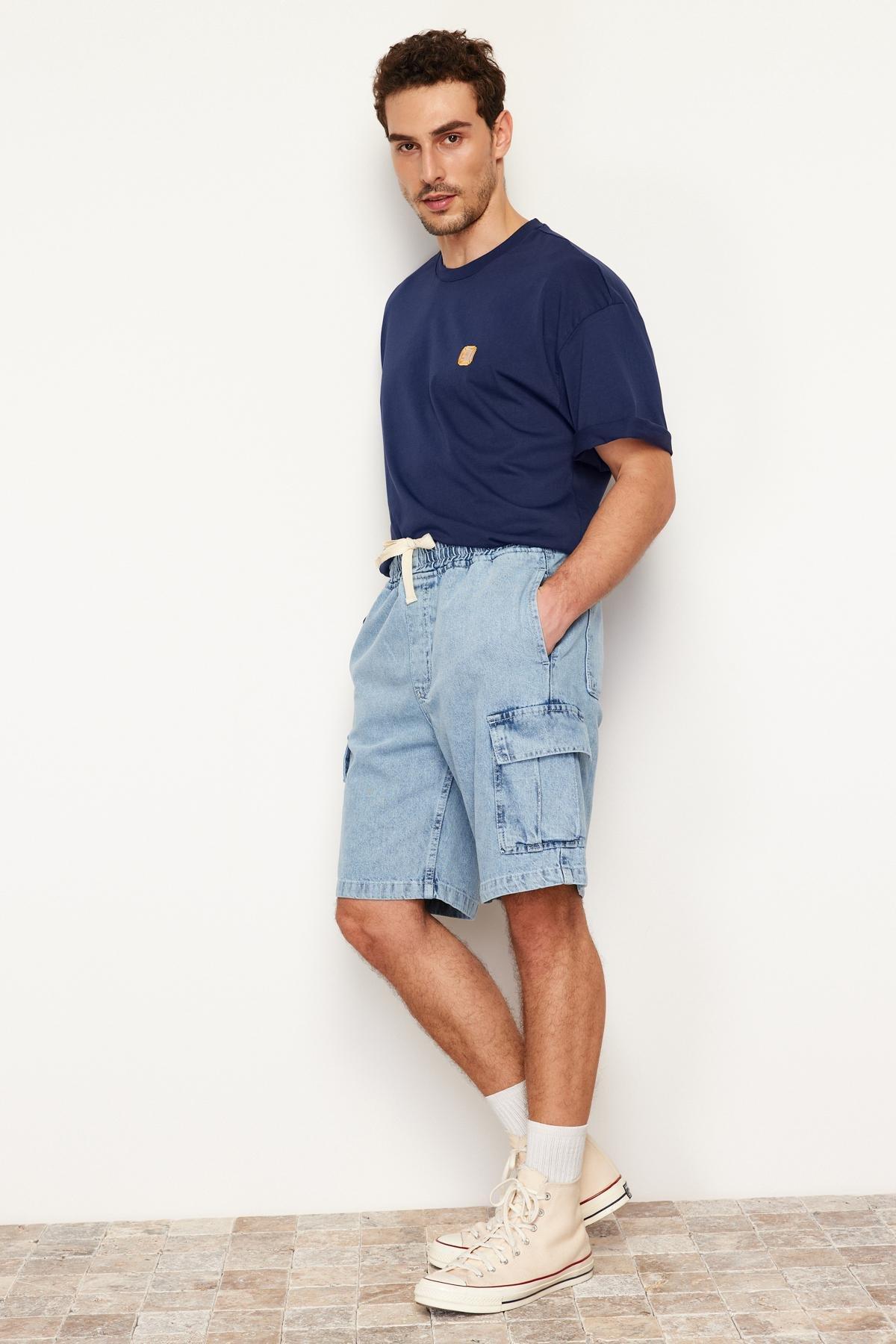 Blue Cargo Pocket Elastic Waist Jeans, , large image number 2