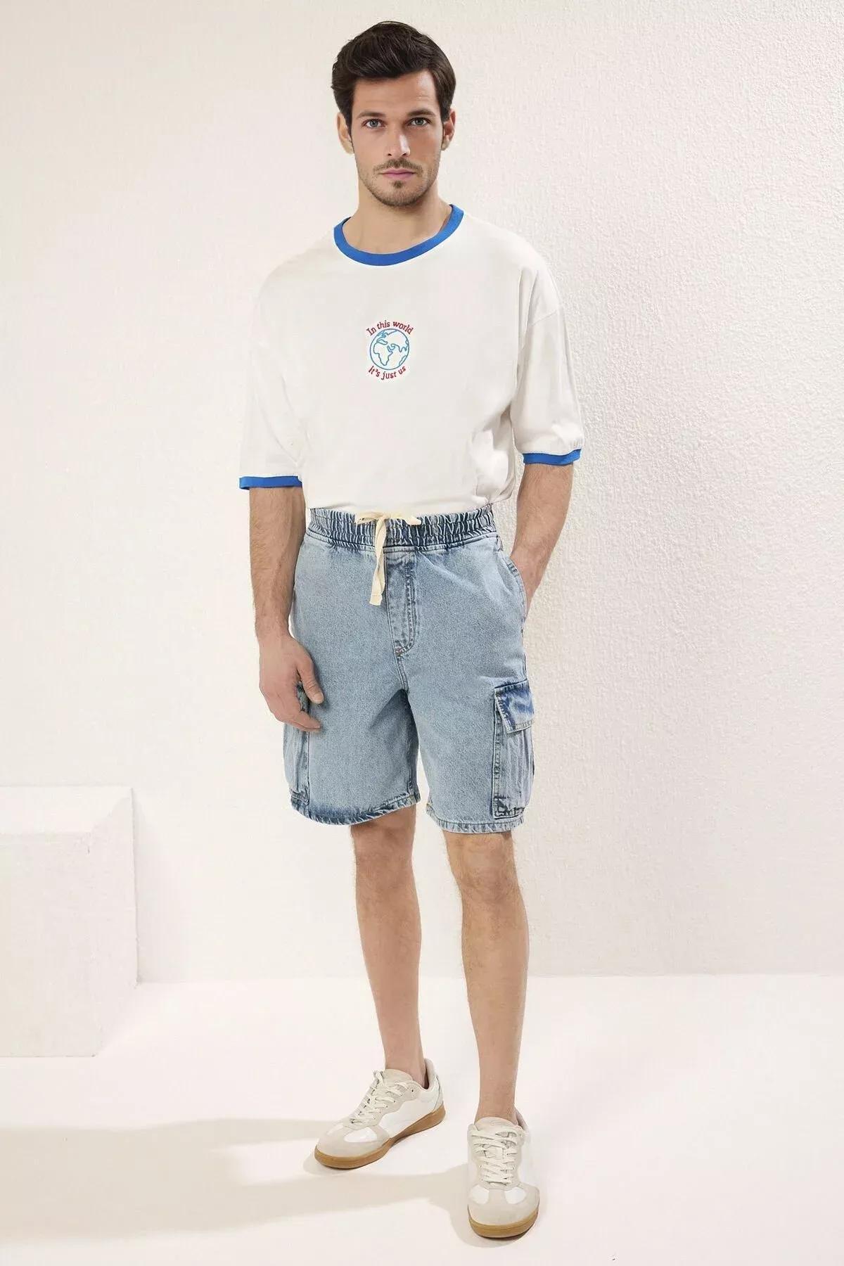 Blue Cargo Pocket Elastic Waist Jeans, Light Blue-6006, large image number 3