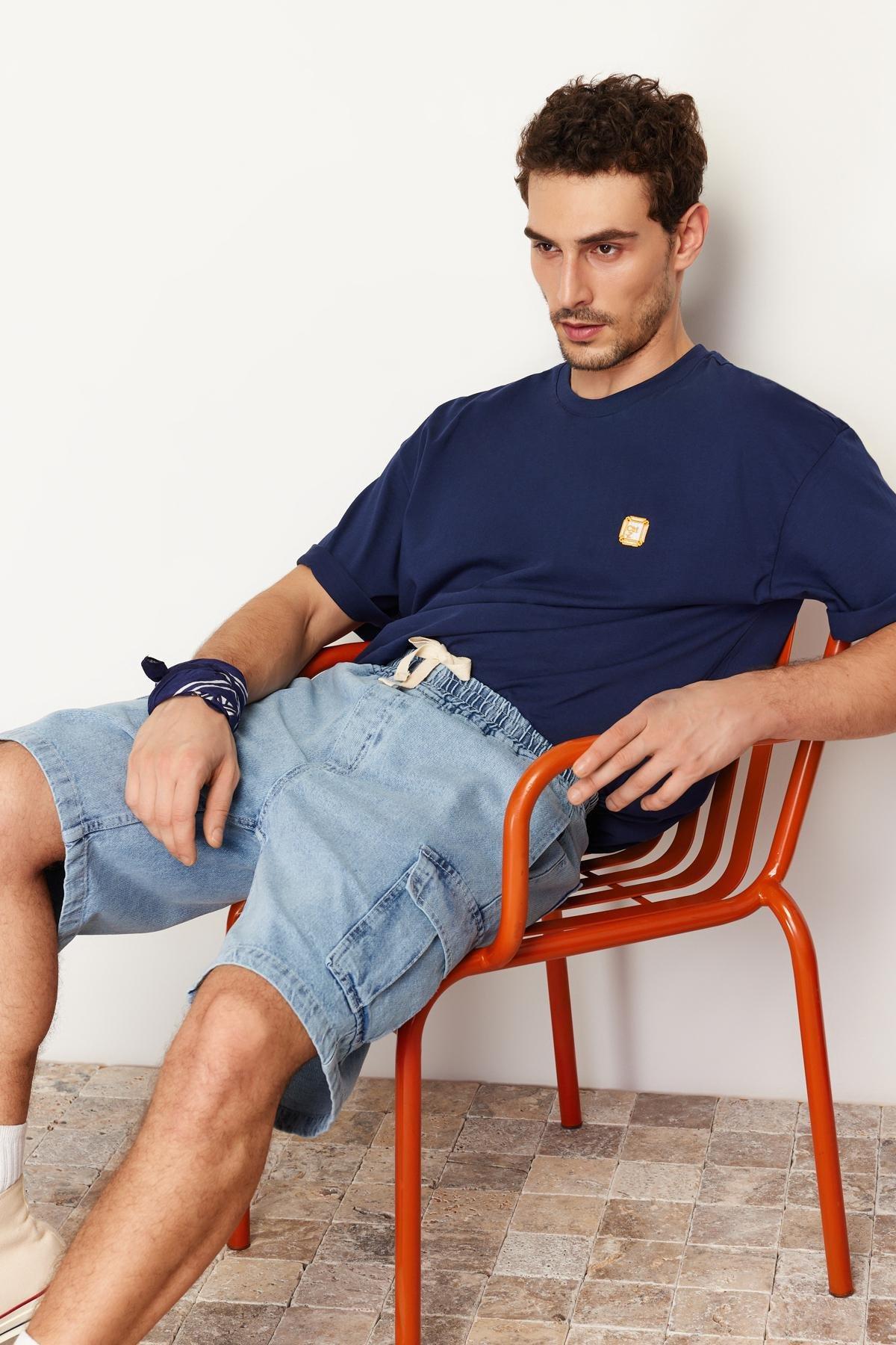 Blue Cargo Pocket Elastic Waist Jeans, , large image number 4