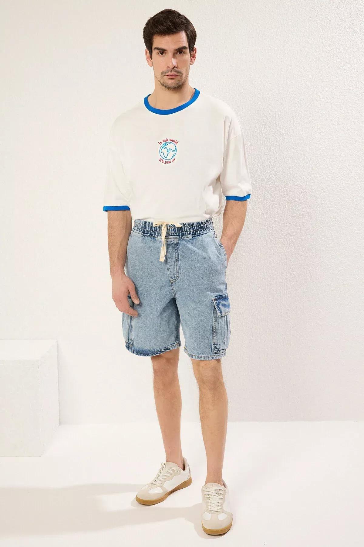 Blue Cargo Pocket Elastic Waist Jeans, Light Blue-6006, large image number 5