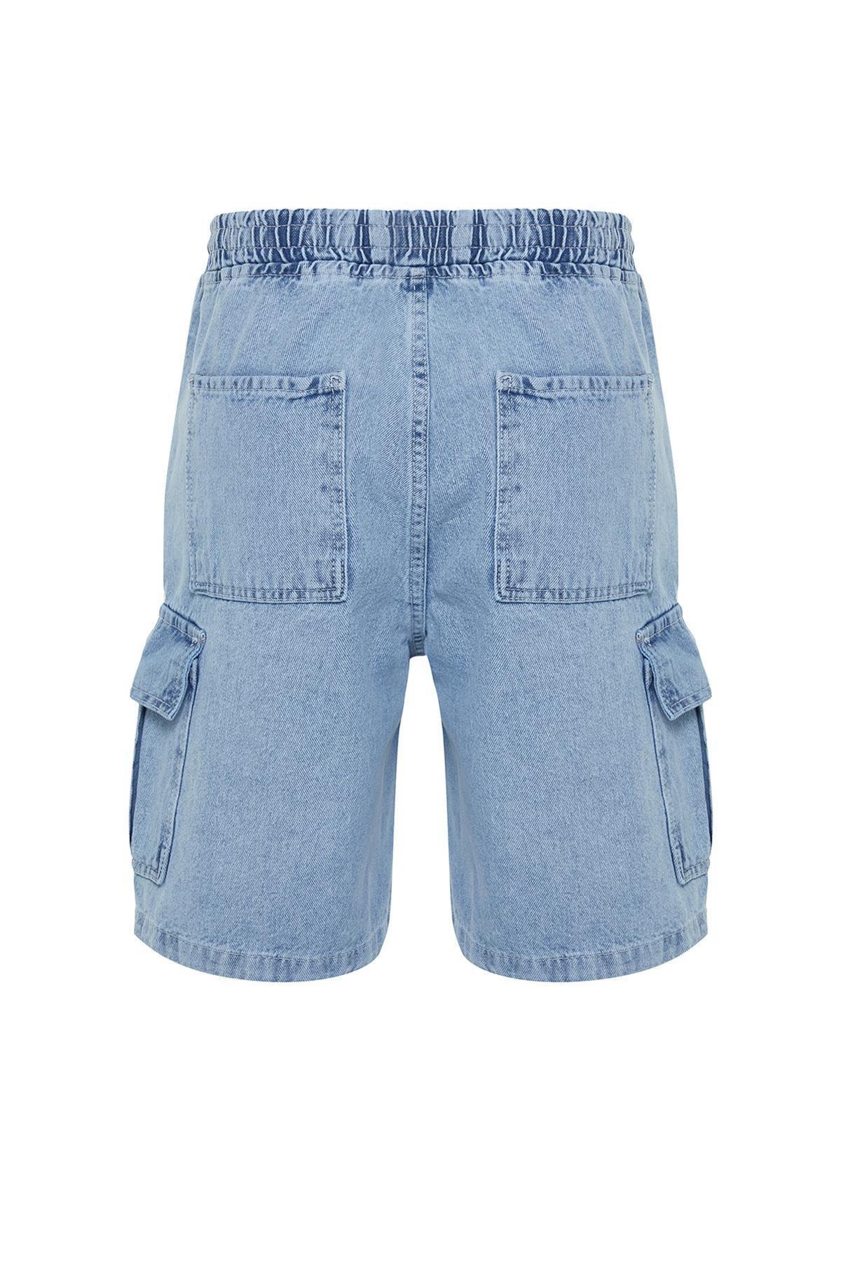 Blue Cargo Pocket Elastic Waist Jeans, , large image number 6
