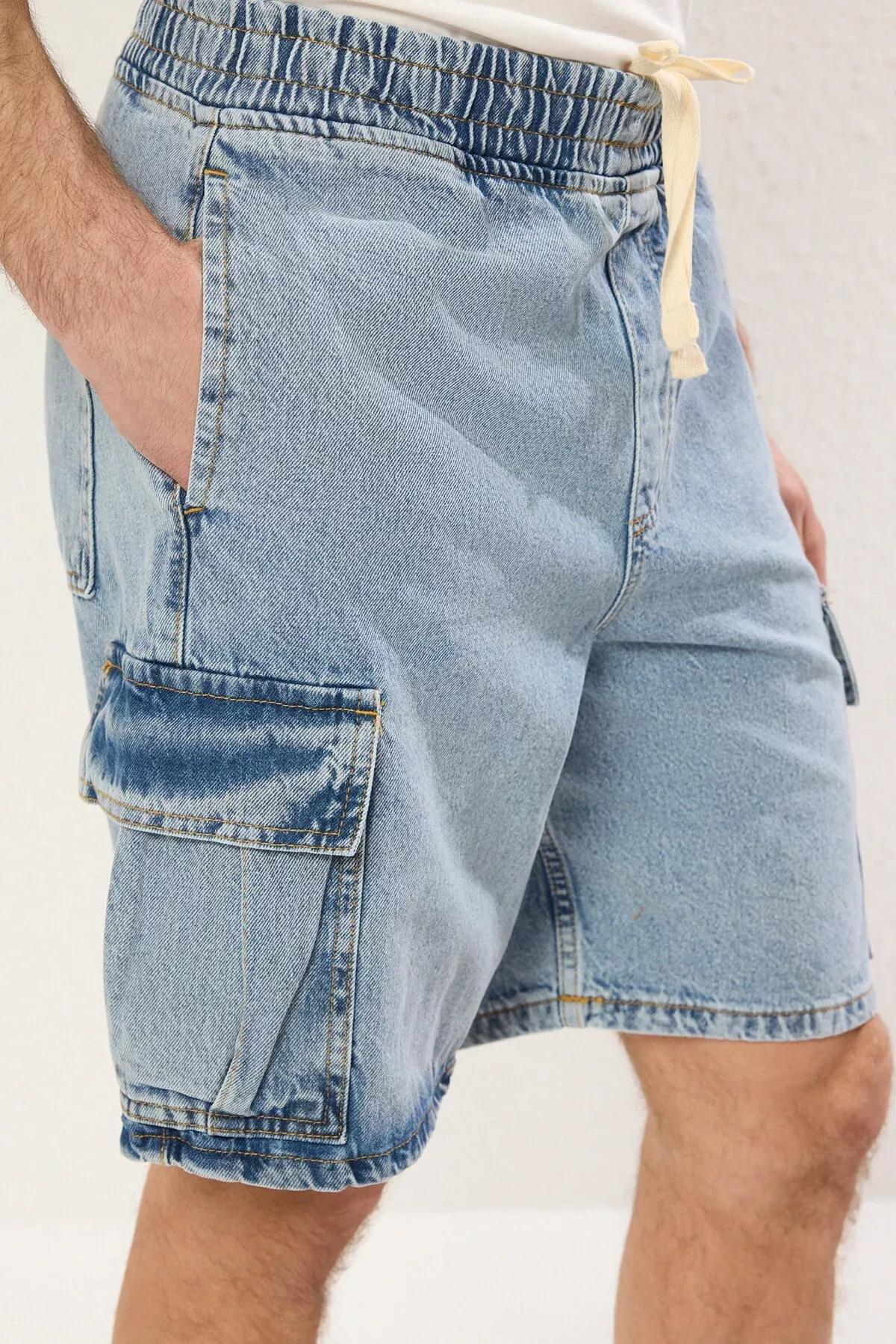 Blue Cargo Pocket Elastic Waist Jeans, , large image number 7