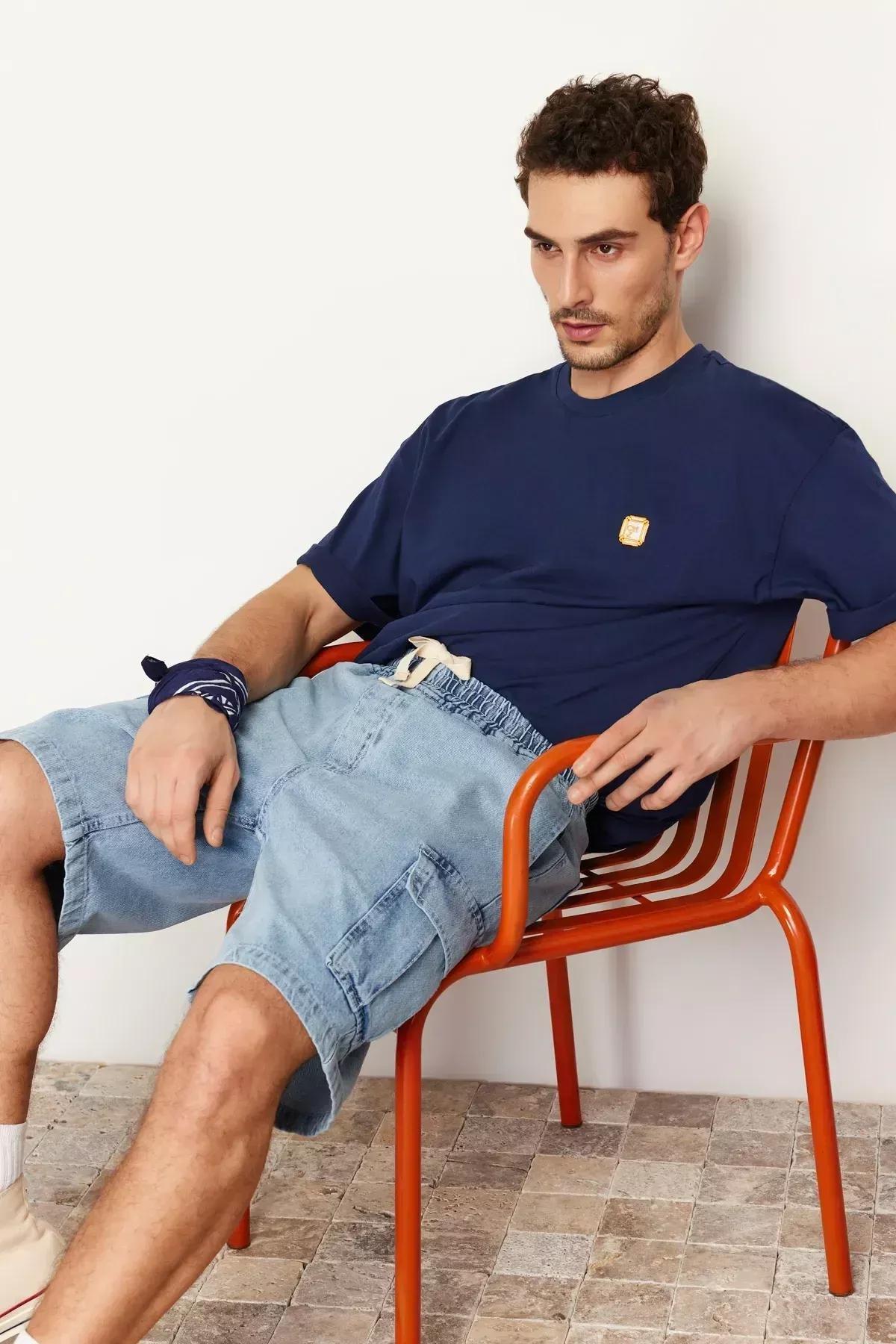 Blue Cargo Pocket Elastic Waist Jeans, , large image number 13