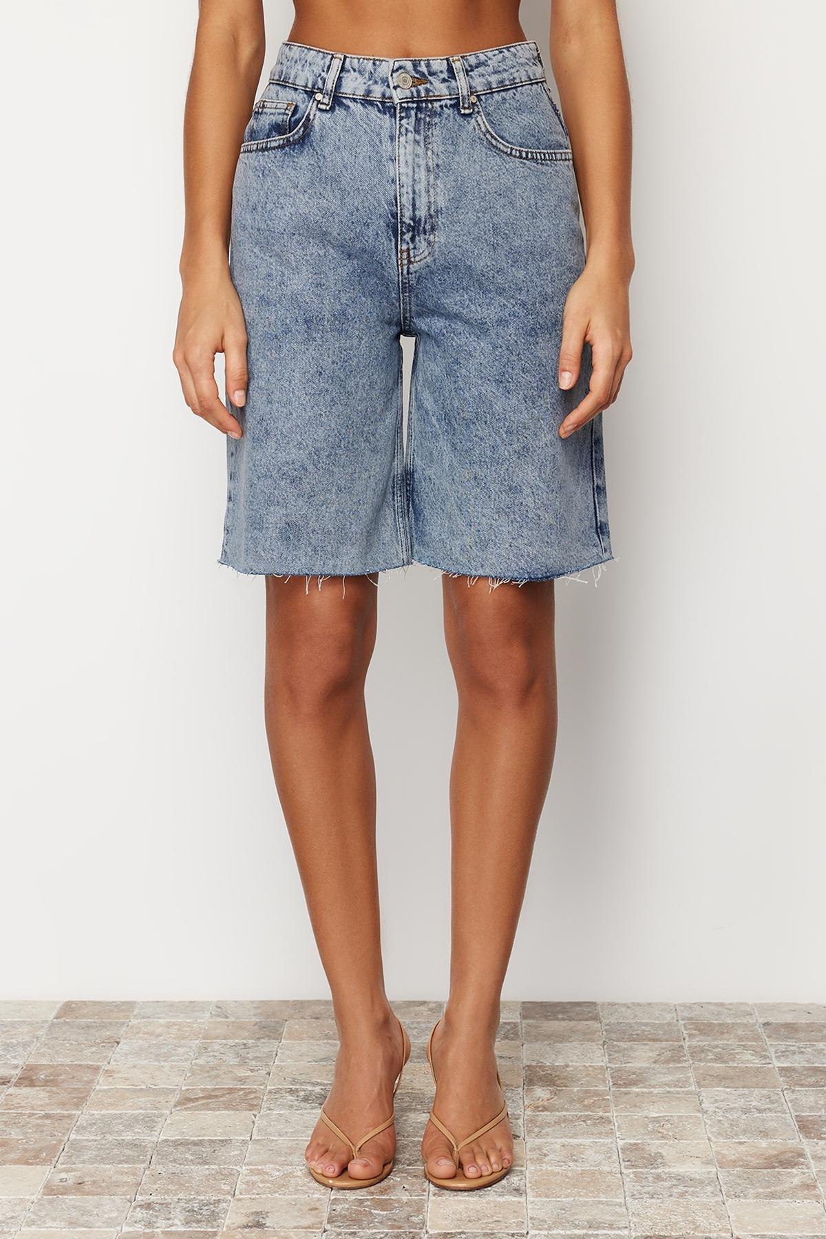 Trendyol - Blue High Waist Denim Shorts