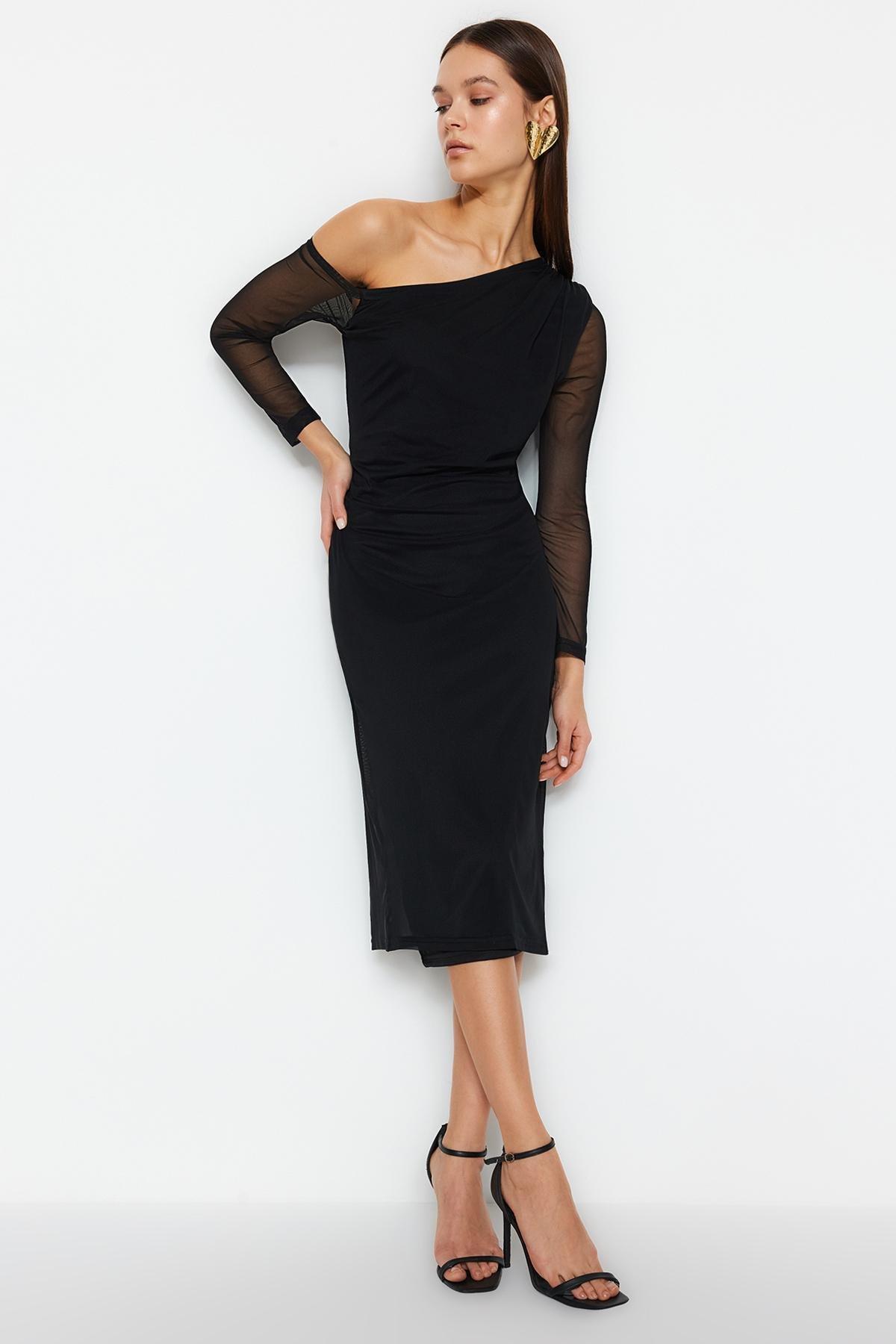 Black Lined Asymmetrical Collar Knitted Dress, , large image number 0