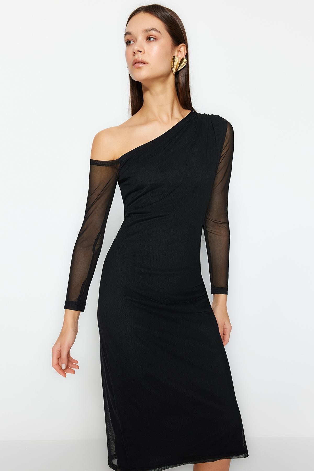 Black Lined Asymmetrical Collar Knitted Dress, , large image number 2