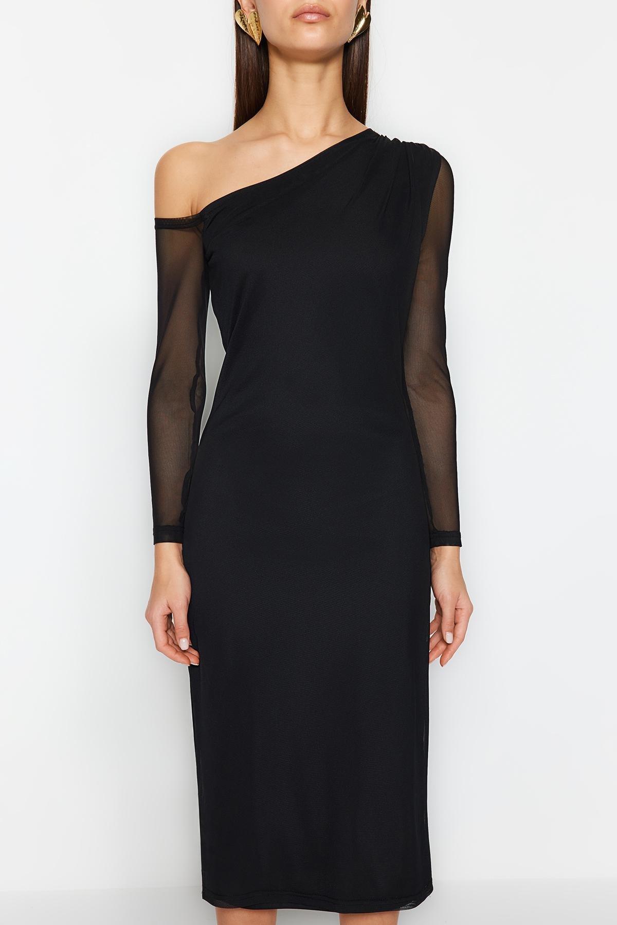Black Lined Asymmetrical Collar Knitted Dress, , large image number 3