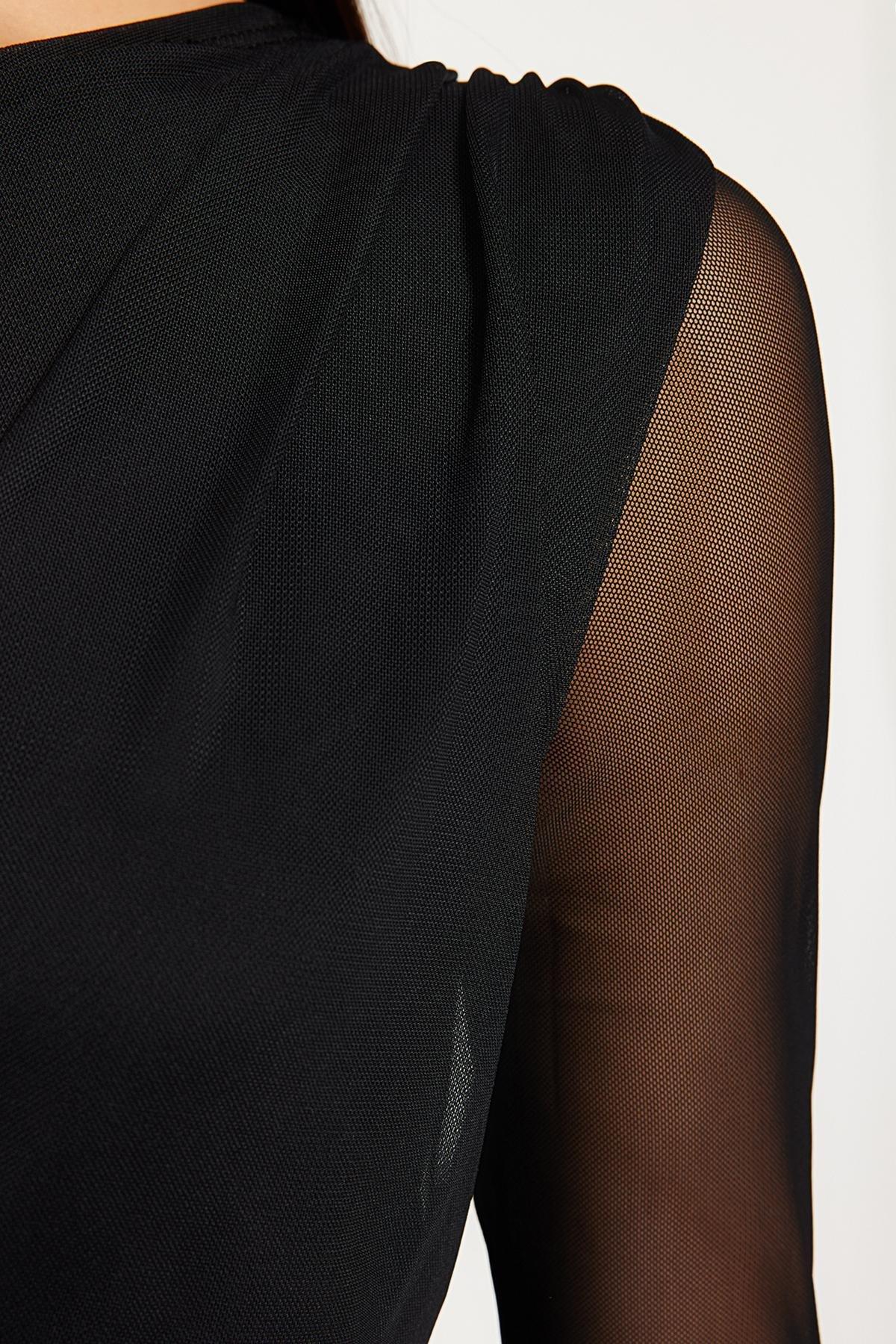 Black Lined Asymmetrical Collar Knitted Dress, , large image number 4