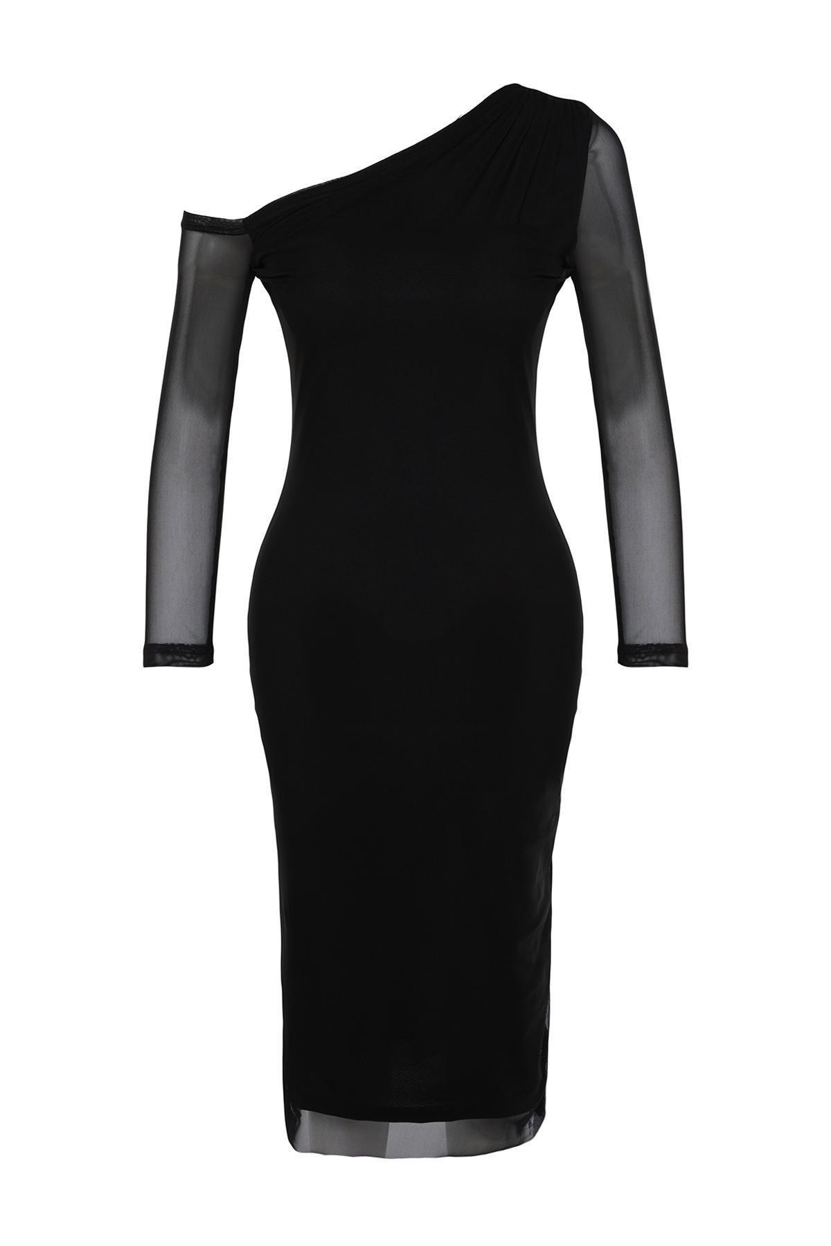 Black Lined Asymmetrical Collar Knitted Dress, , large image number 5