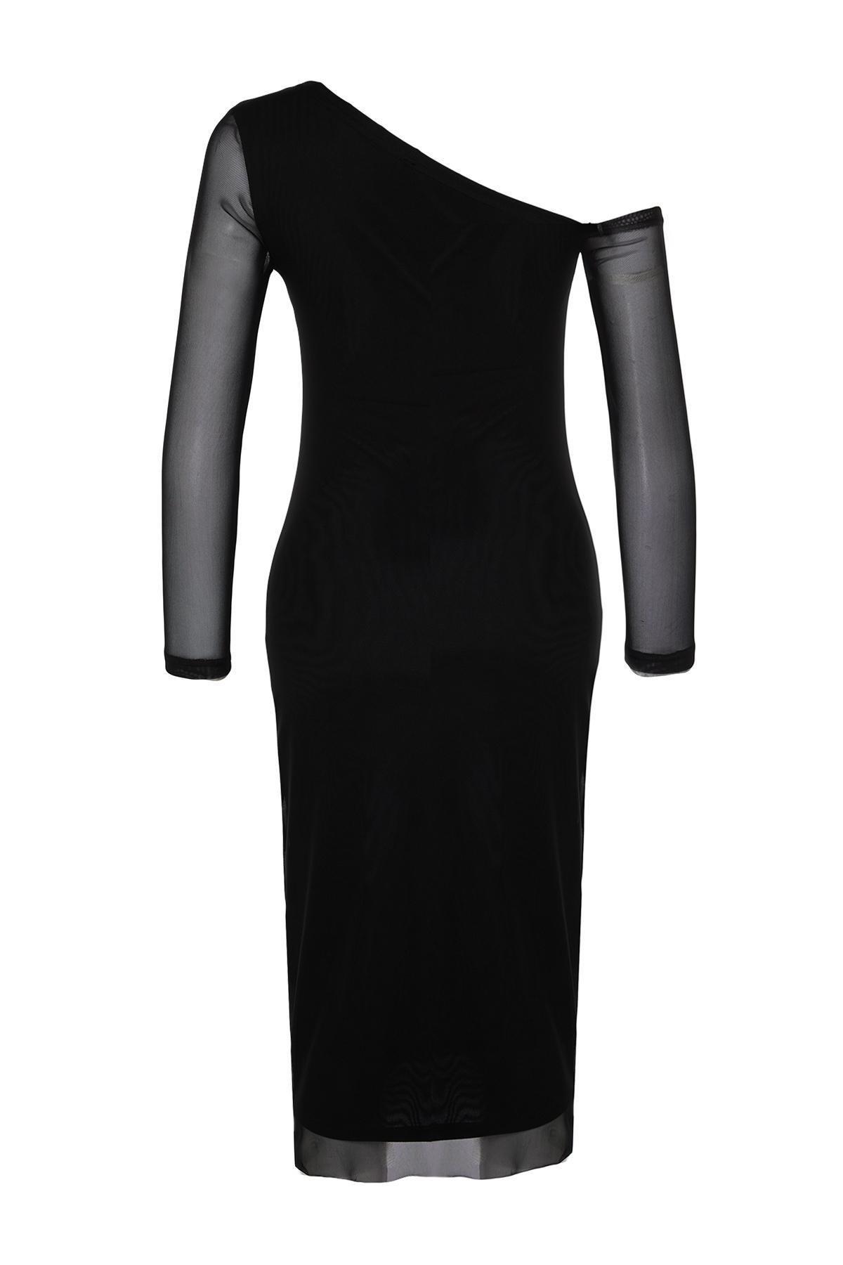 Black Lined Asymmetrical Collar Knitted Dress, , large image number 6