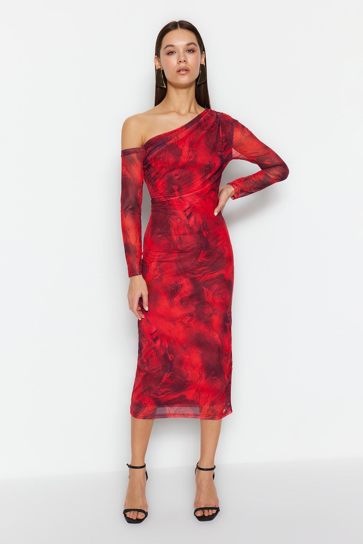 Red Lined Asymmetric Collar Knitted Midi Dress, , large image number 0