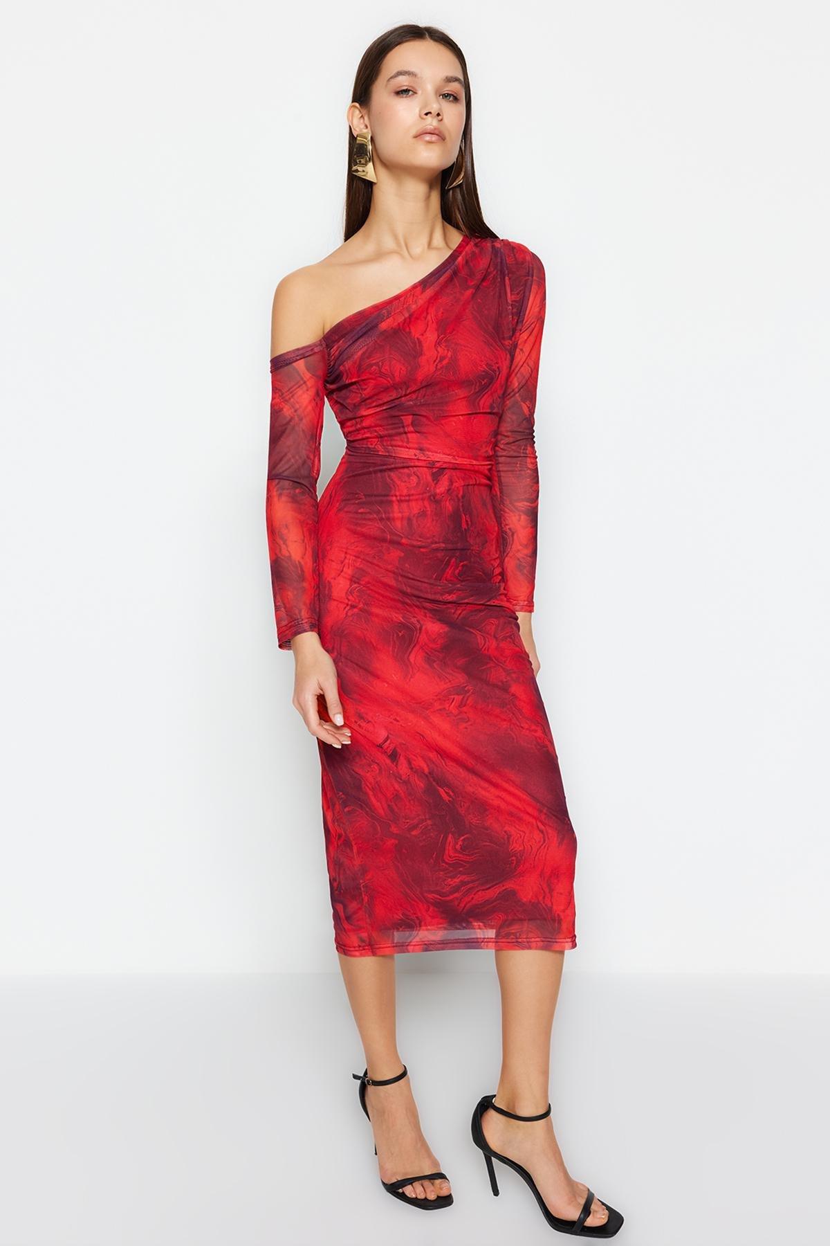 Red Lined Asymmetric Collar Knitted Midi Dress, , large image number 1