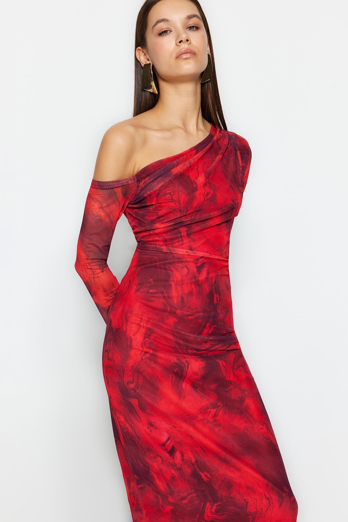 Red Lined Asymmetric Collar Knitted Midi Dress, , large image number 2