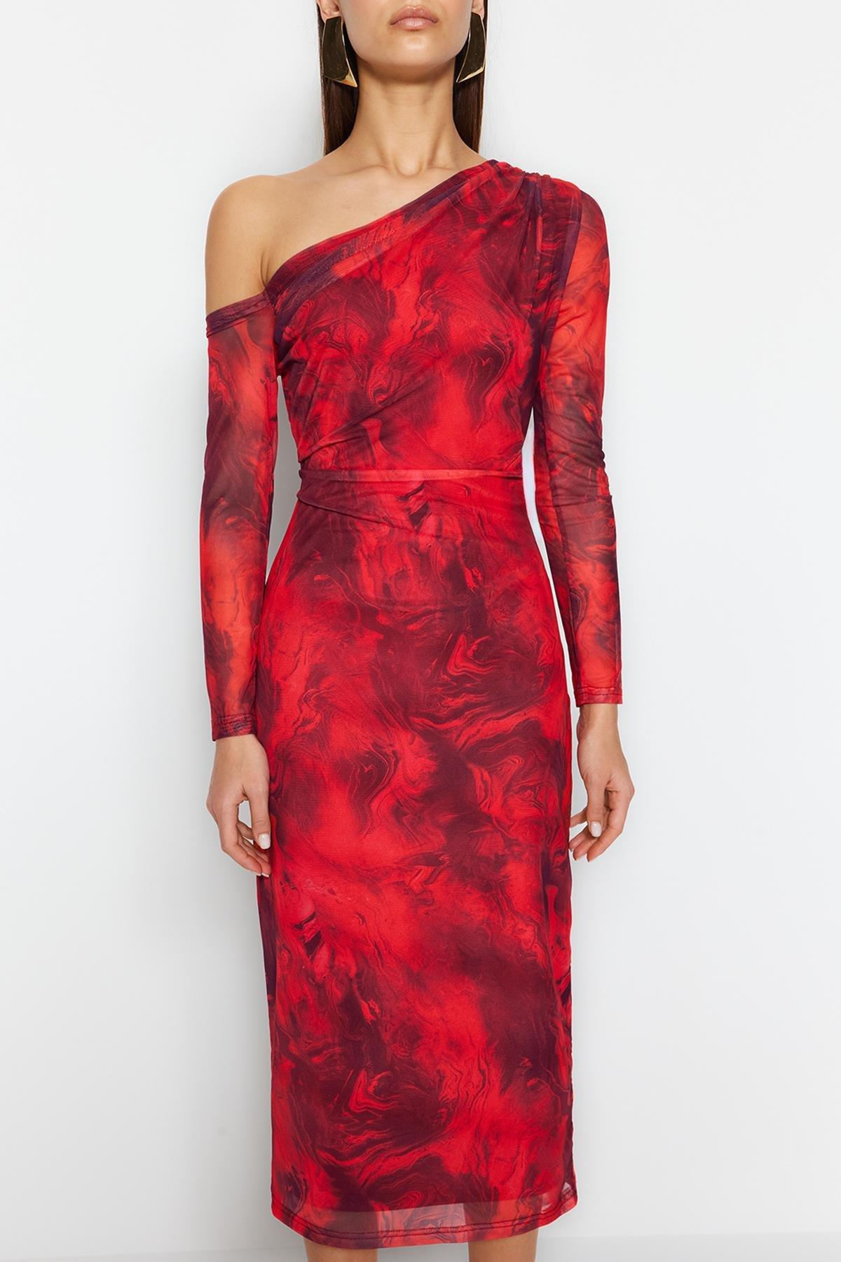 Red Lined Asymmetric Collar Knitted Midi Dress, , large image number 3