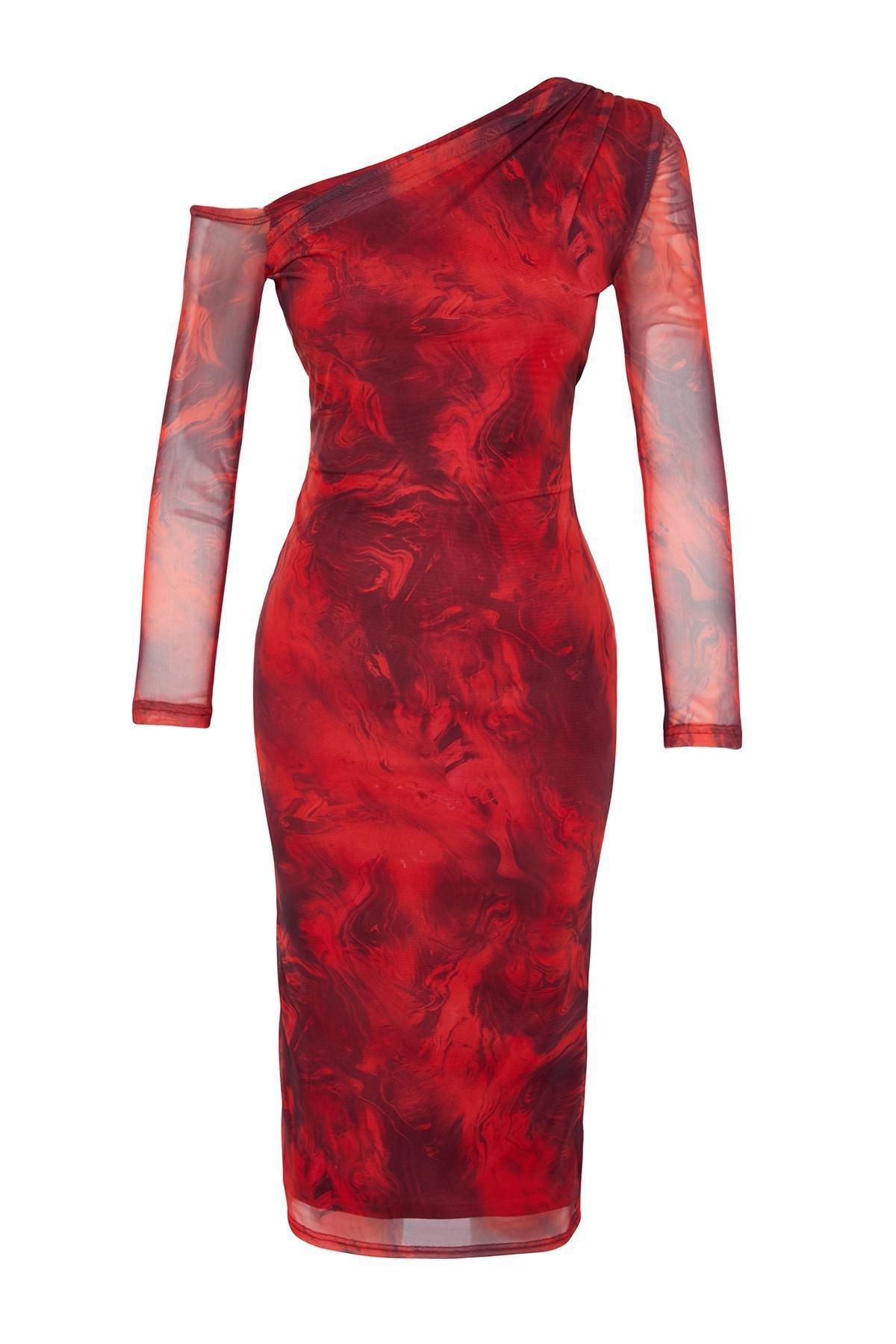 Red Lined Asymmetric Collar Knitted Midi Dress, , large image number 5
