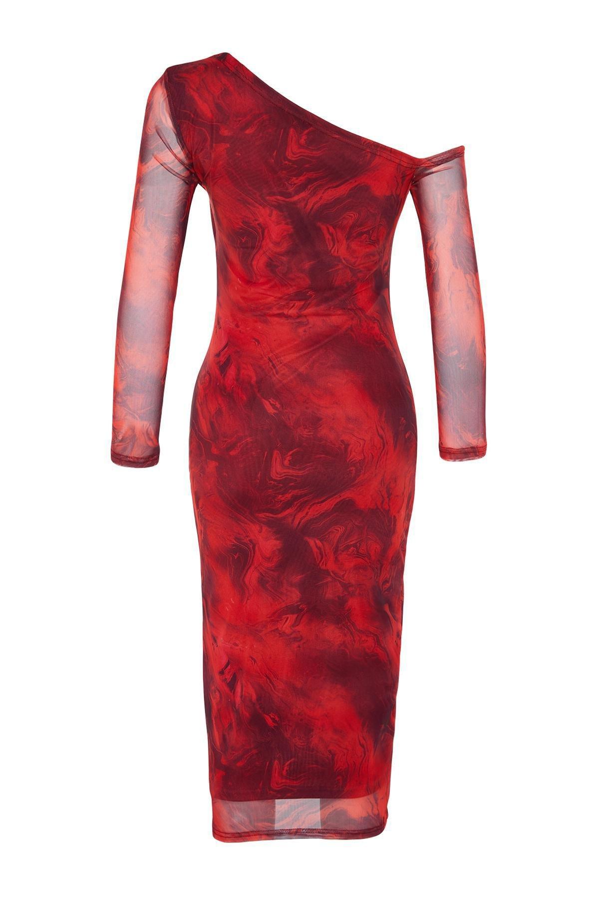 Red Lined Asymmetric Collar Knitted Midi Dress, , large image number 6