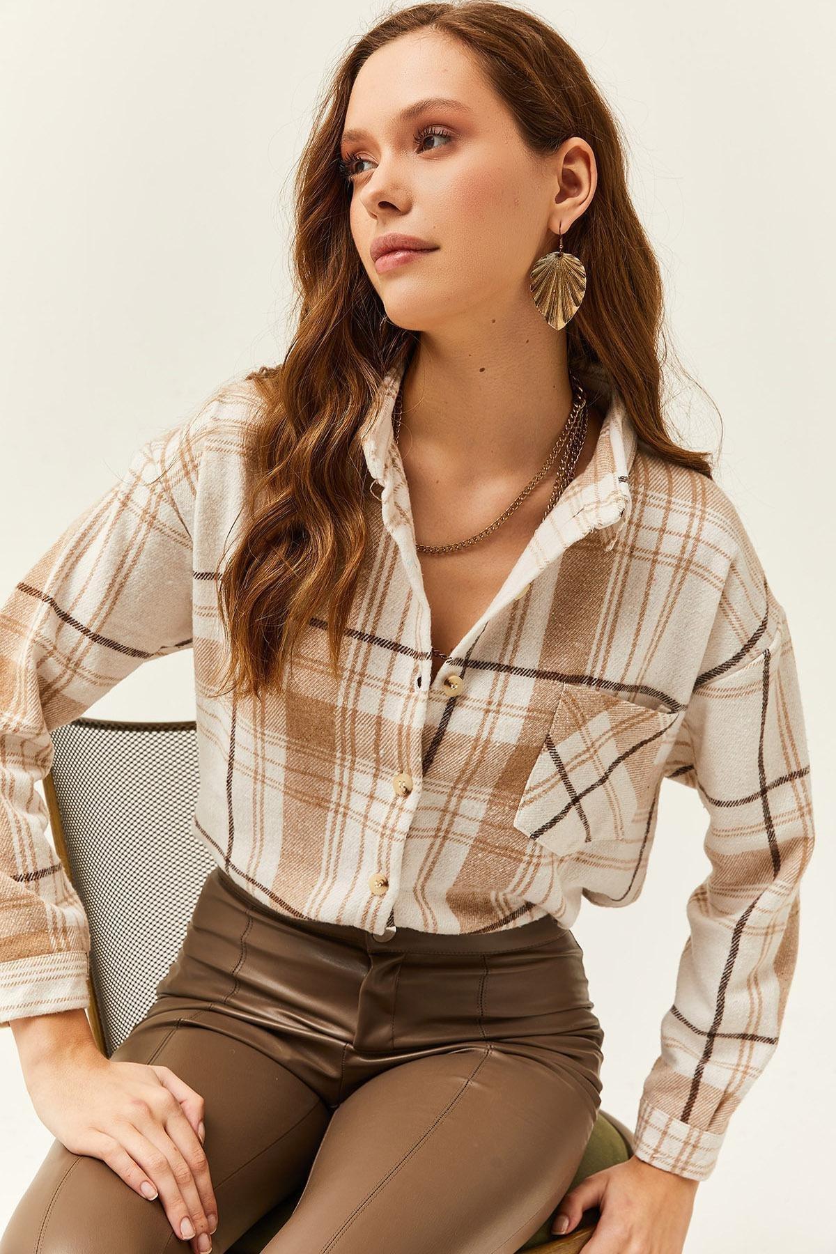 Womens Ecru Stone Single Pocket Plaid Lumberjack Shirt GML-19001163, Single item, , large image number 0