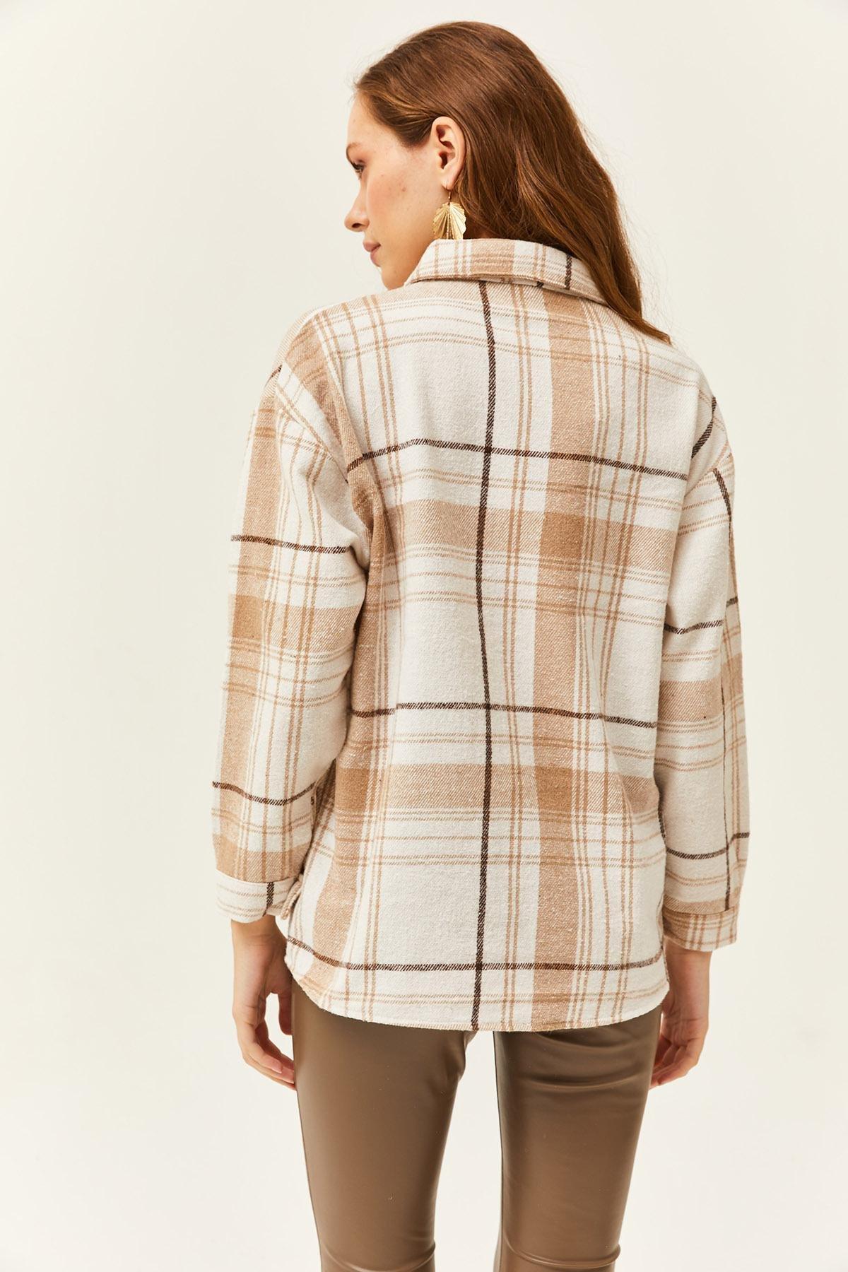 Womens Ecru Stone Single Pocket Plaid Lumberjack Shirt GML-19001163, Single item, , large image number 1