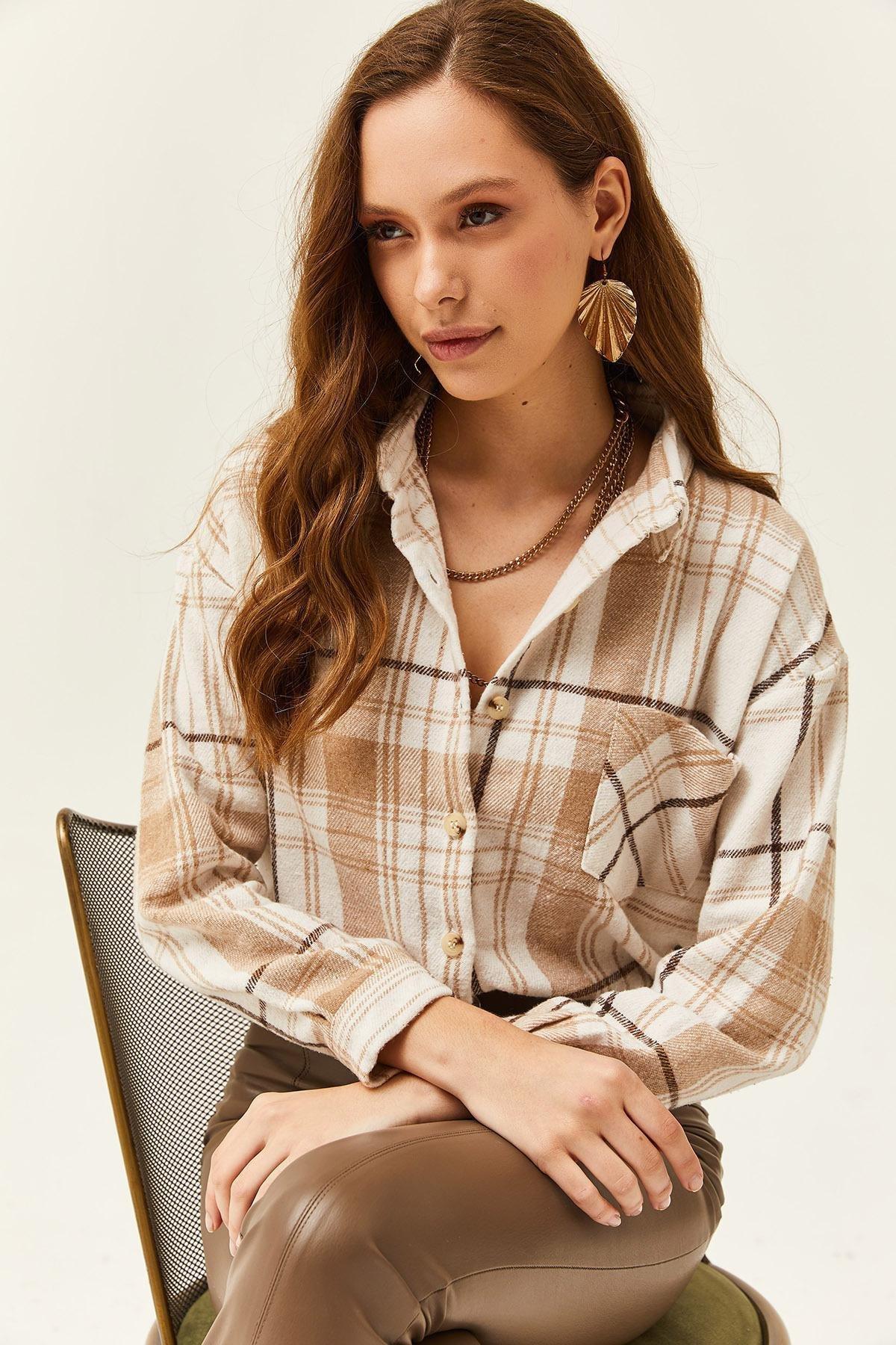 Womens Ecru Stone Single Pocket Plaid Lumberjack Shirt GML-19001163, Single item, , large image number 2