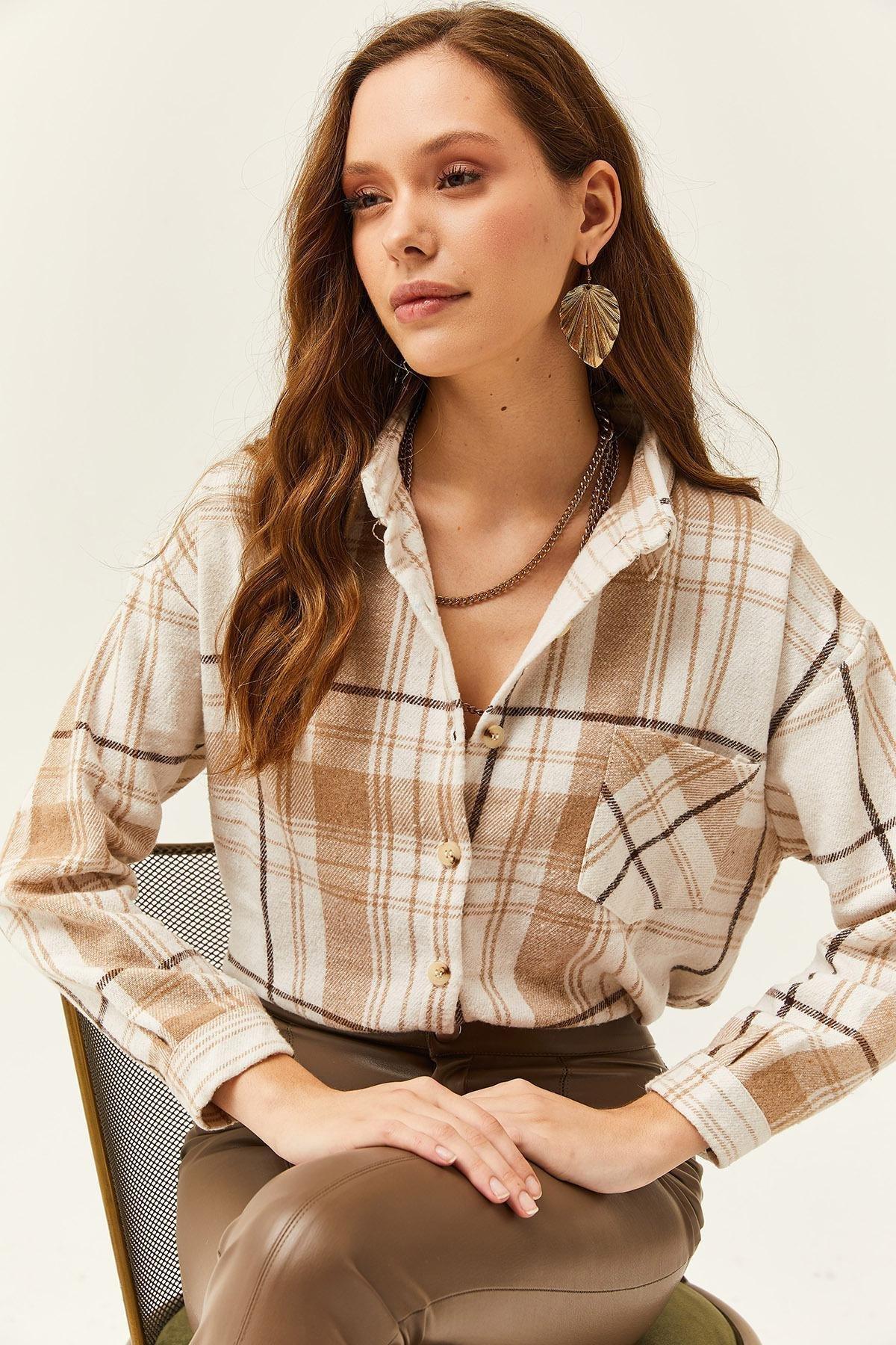 Womens Ecru Stone Single Pocket Plaid Lumberjack Shirt GML-19001163, Single item, , large image number 3