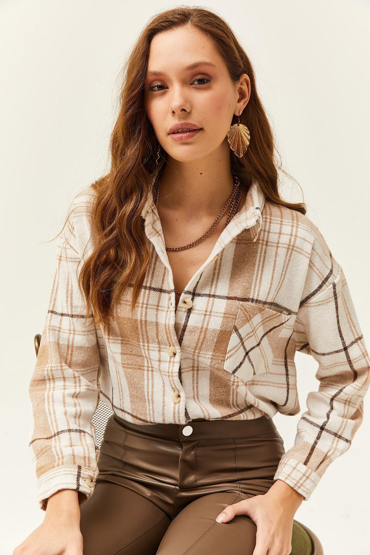 Womens Ecru Stone Single Pocket Plaid Lumberjack Shirt GML-19001163, Single item, , large image number 4
