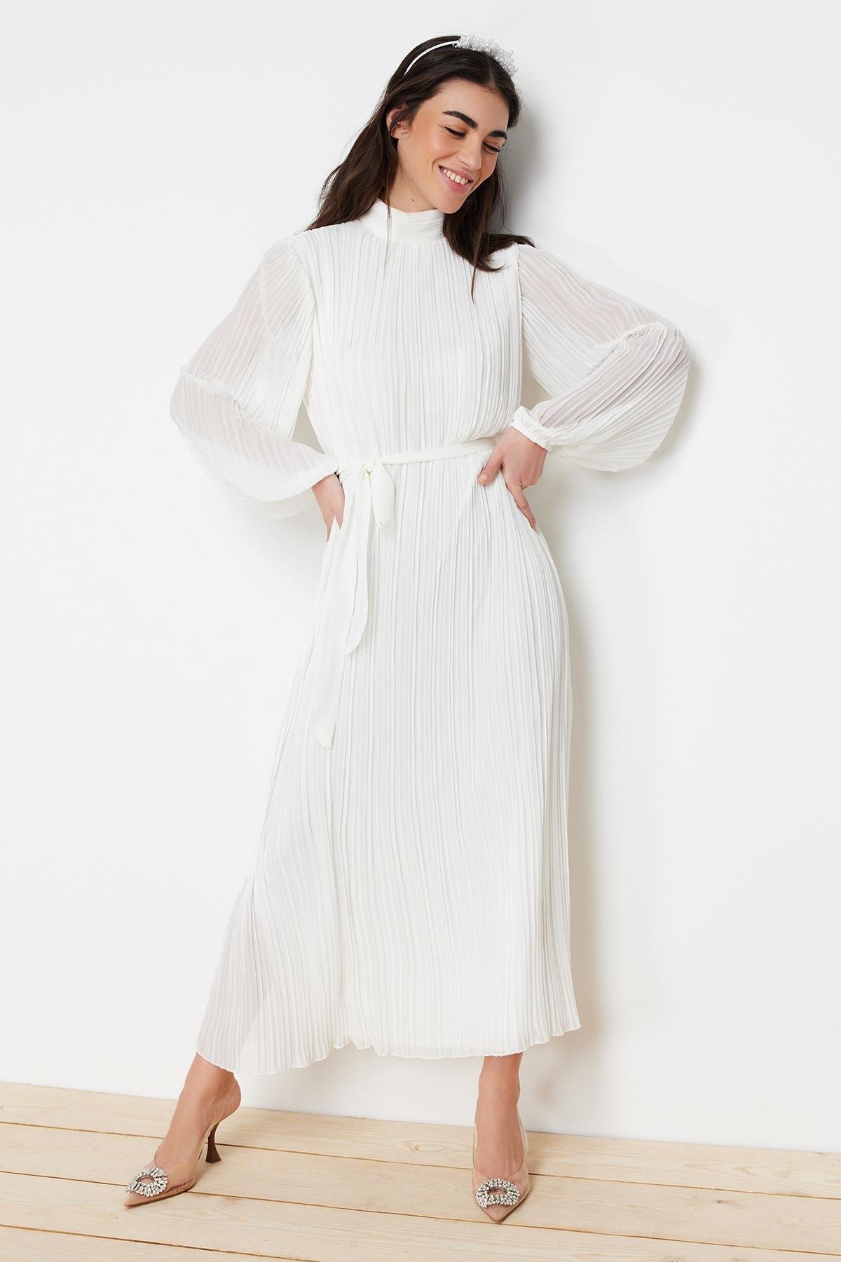 Cream Pleated Lined Chiffon Occasion Wear Dress, , large image number 1