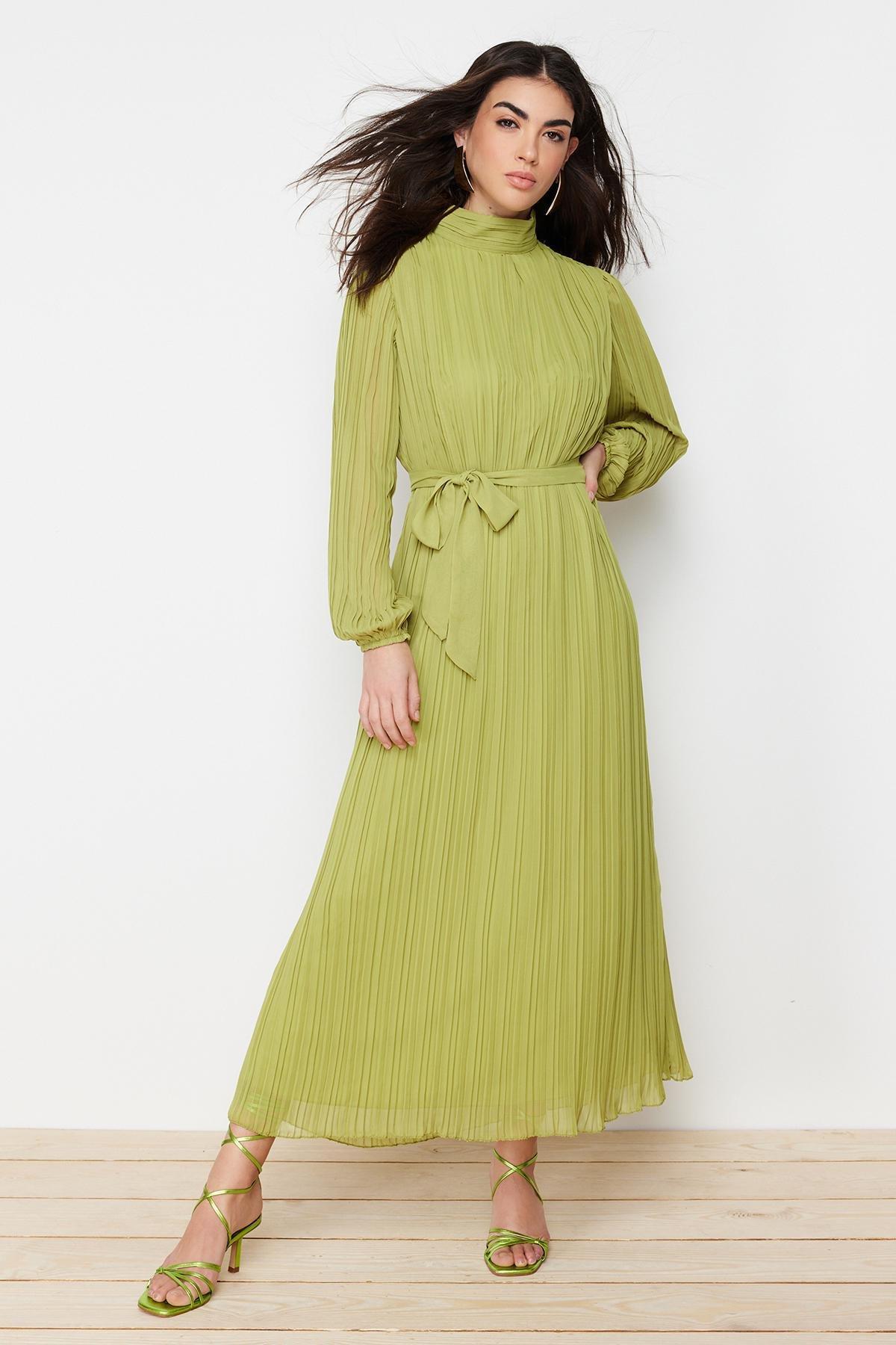 Green Pleated Woven Lined Chiffon Dress, , large image number 0