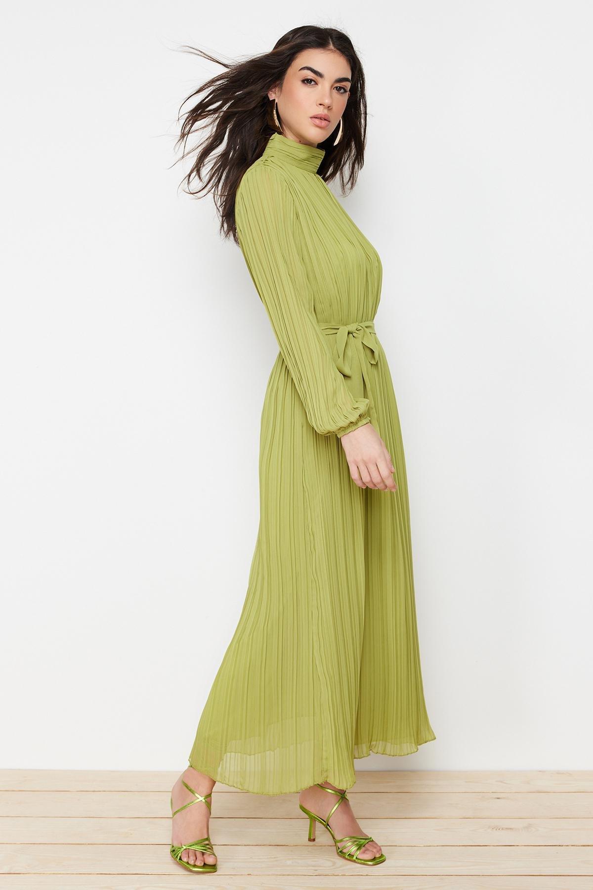 Green Pleated Woven Lined Chiffon Dress, , large image number 1