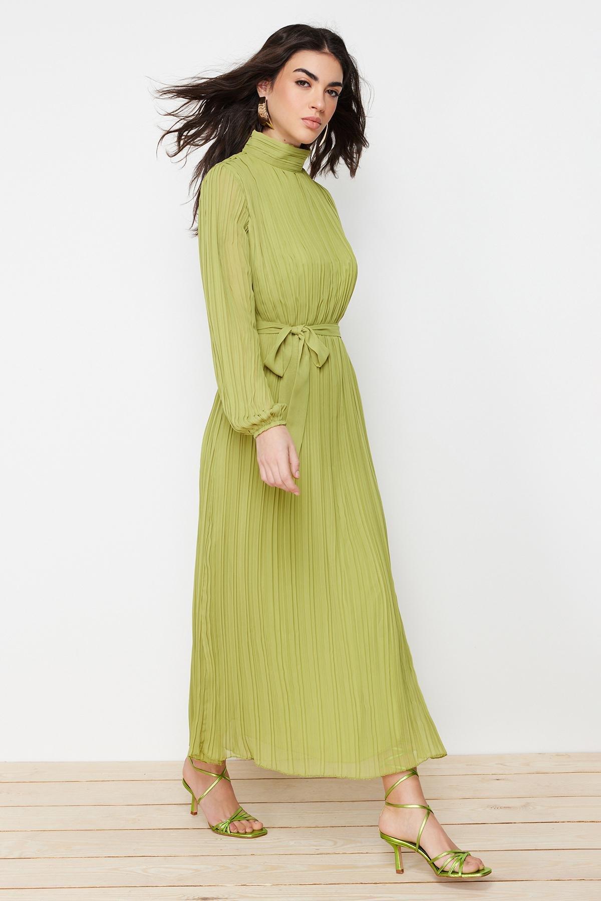 Green Pleated Woven Lined Chiffon Dress, , large image number 2
