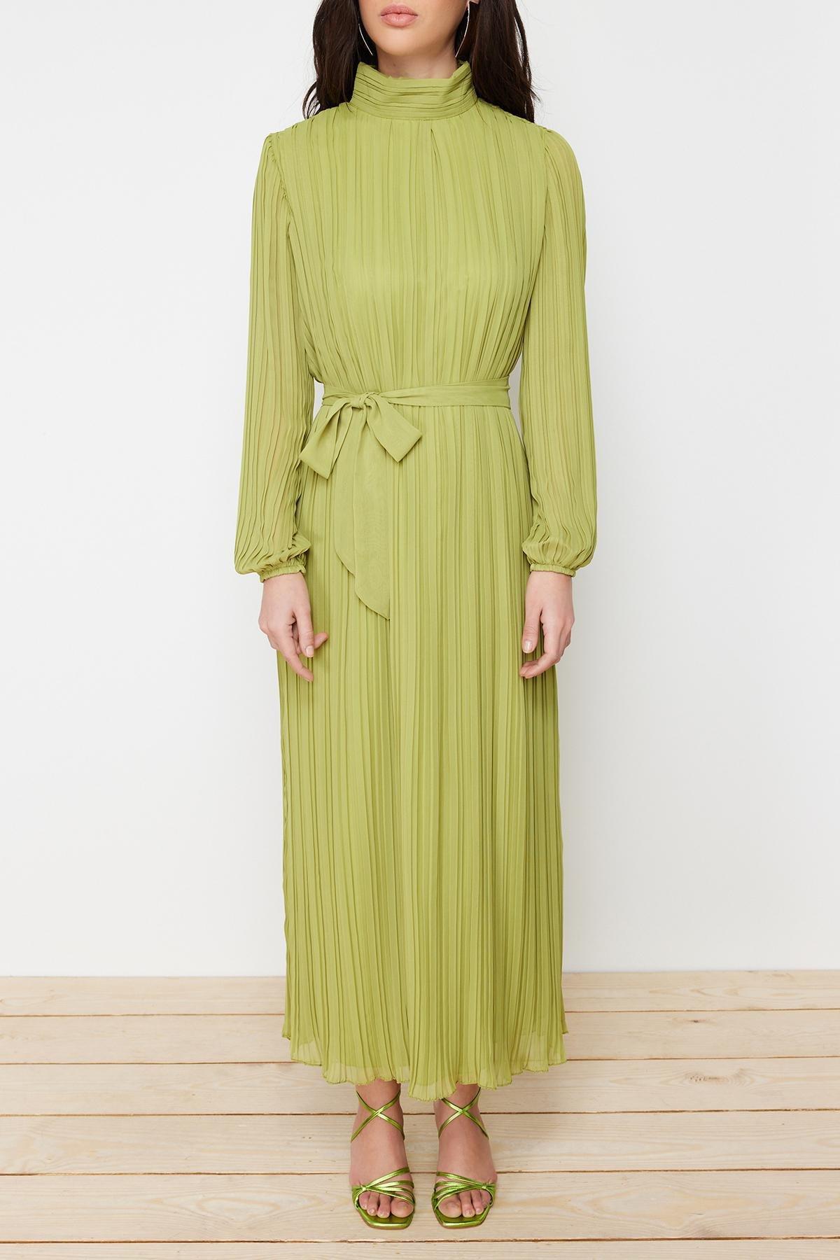 Green Pleated Woven Lined Chiffon Dress, , large image number 3