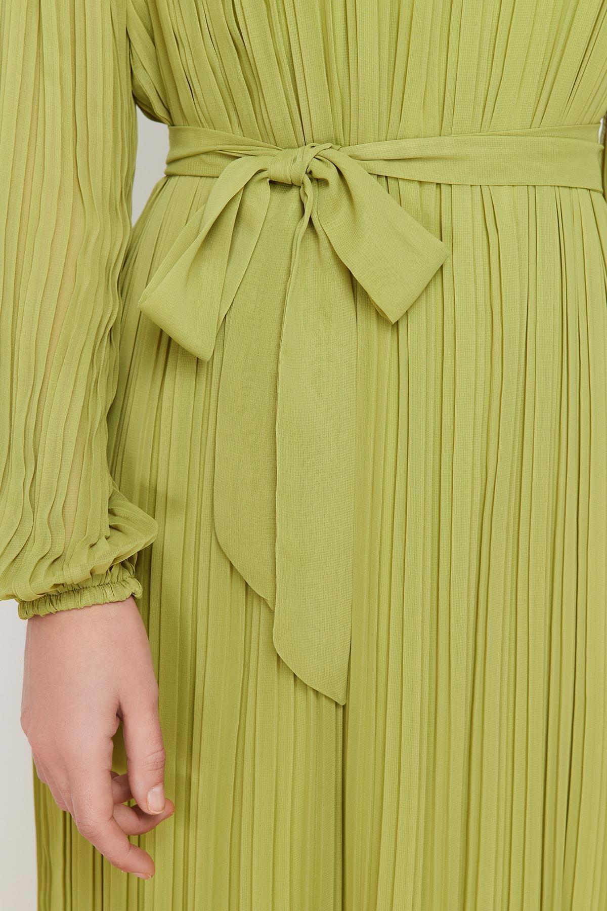 Green Pleated Woven Lined Chiffon Dress, , large image number 4