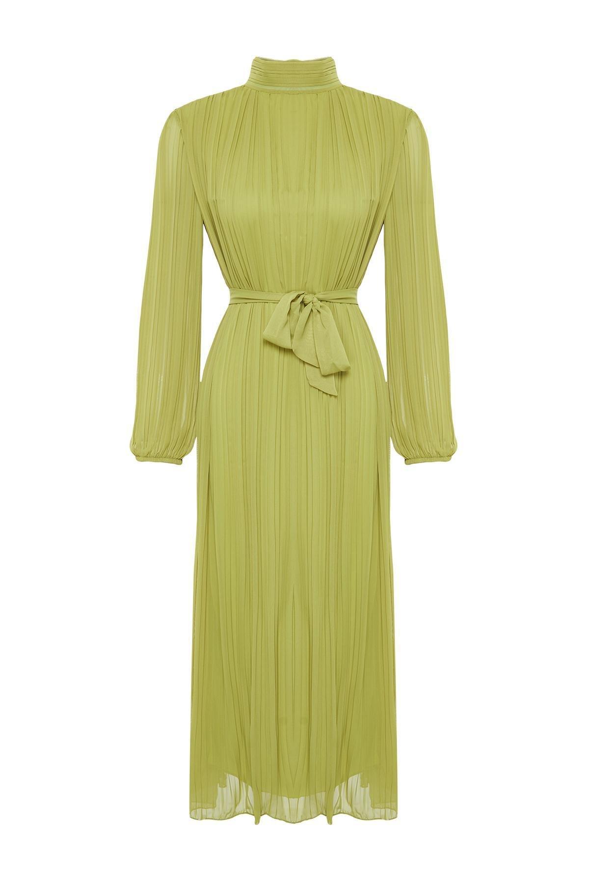 Green Pleated Woven Lined Chiffon Dress, , large image number 5