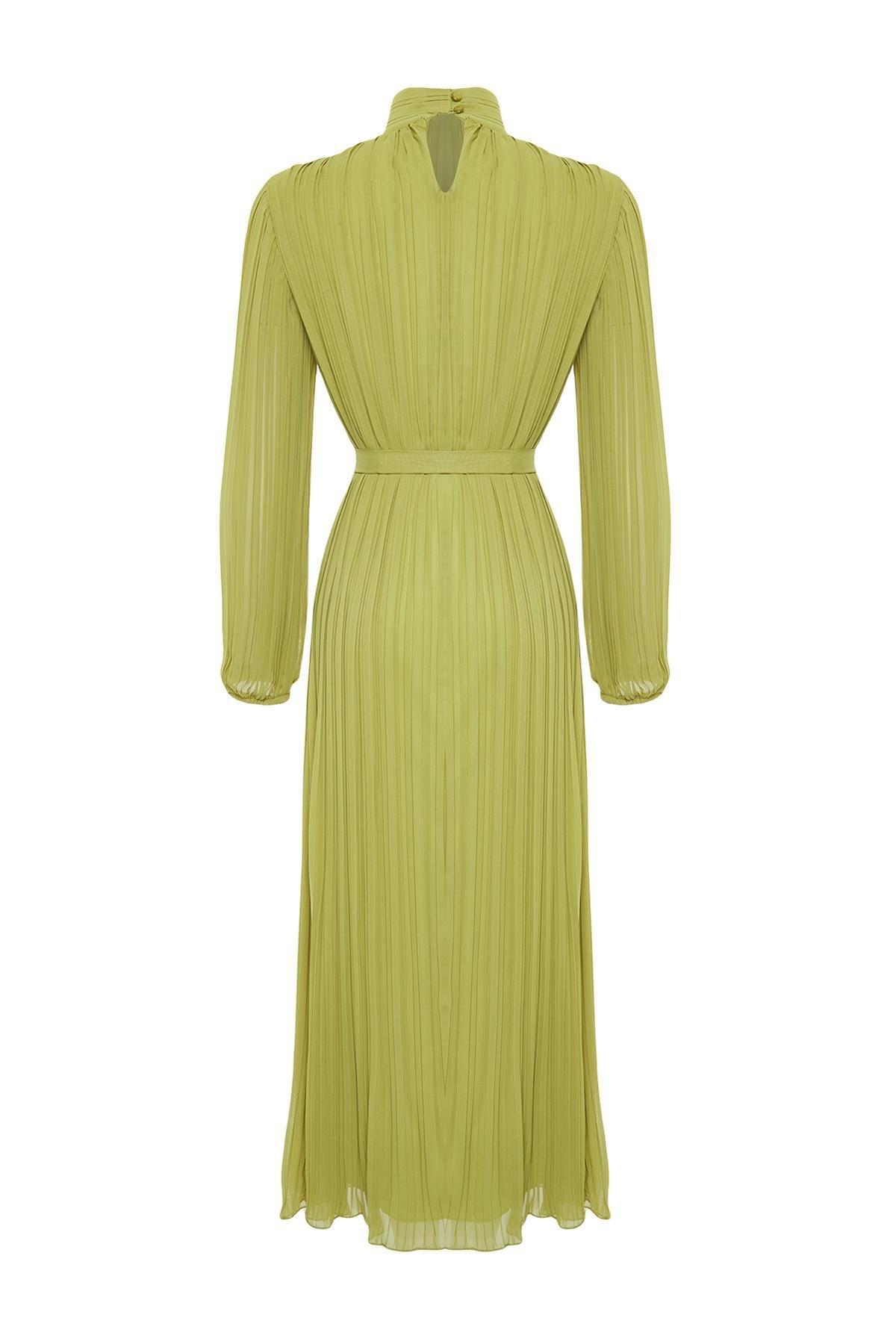 Green Pleated Woven Lined Chiffon Dress, , large image number 6
