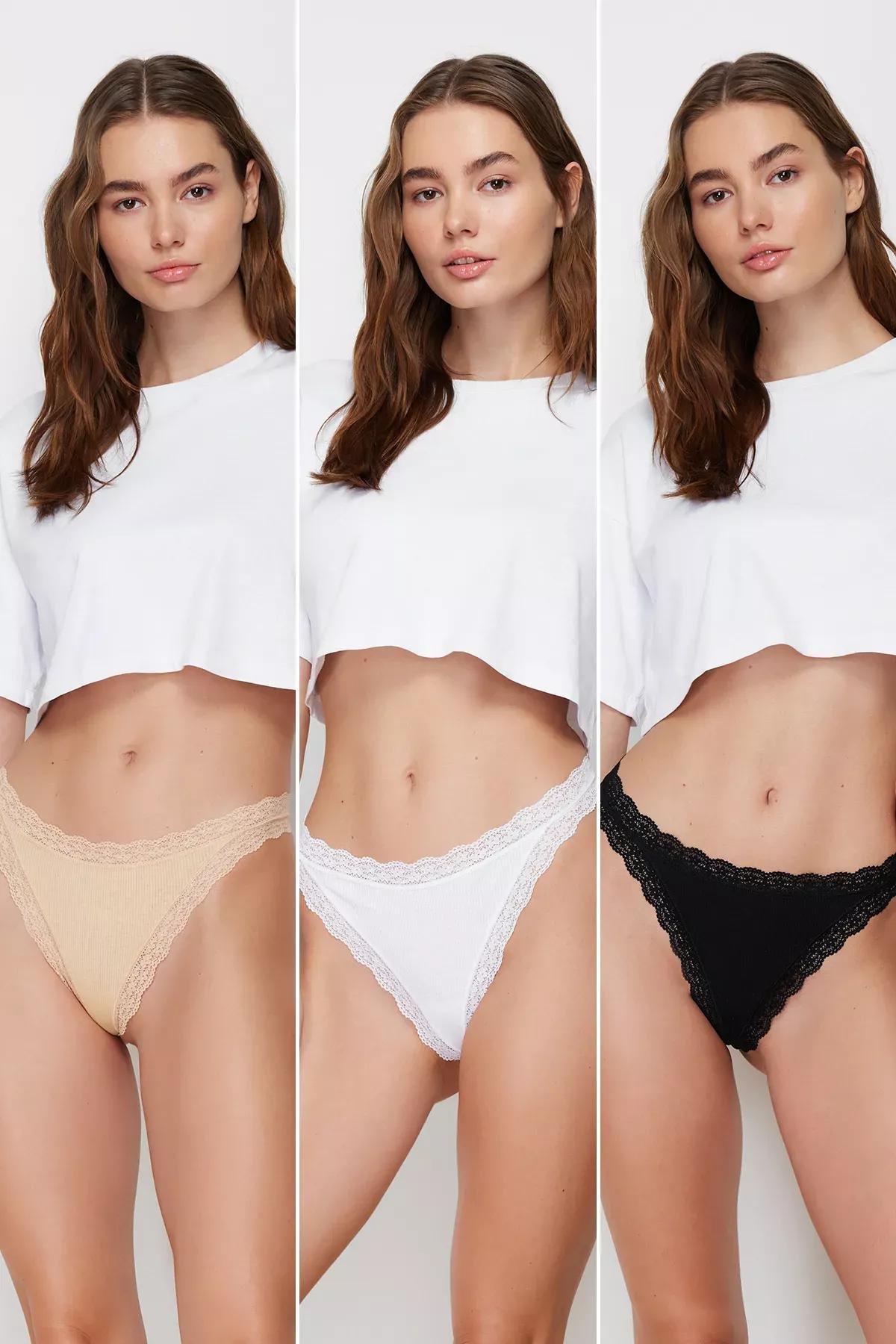 Multicolour Cotton Ribbed Lace String Briefs, Set Of 4, Black-White-Skin, medium