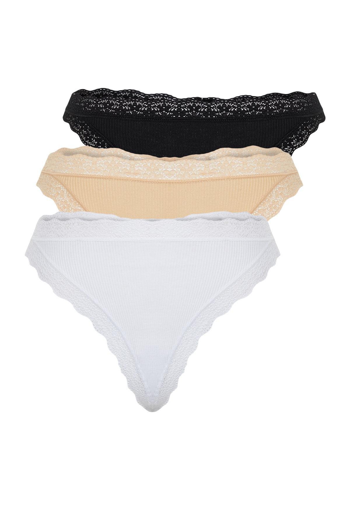 Multicolour Cotton Ribbed Lace String Briefs, Set Of 4, , large image number 5