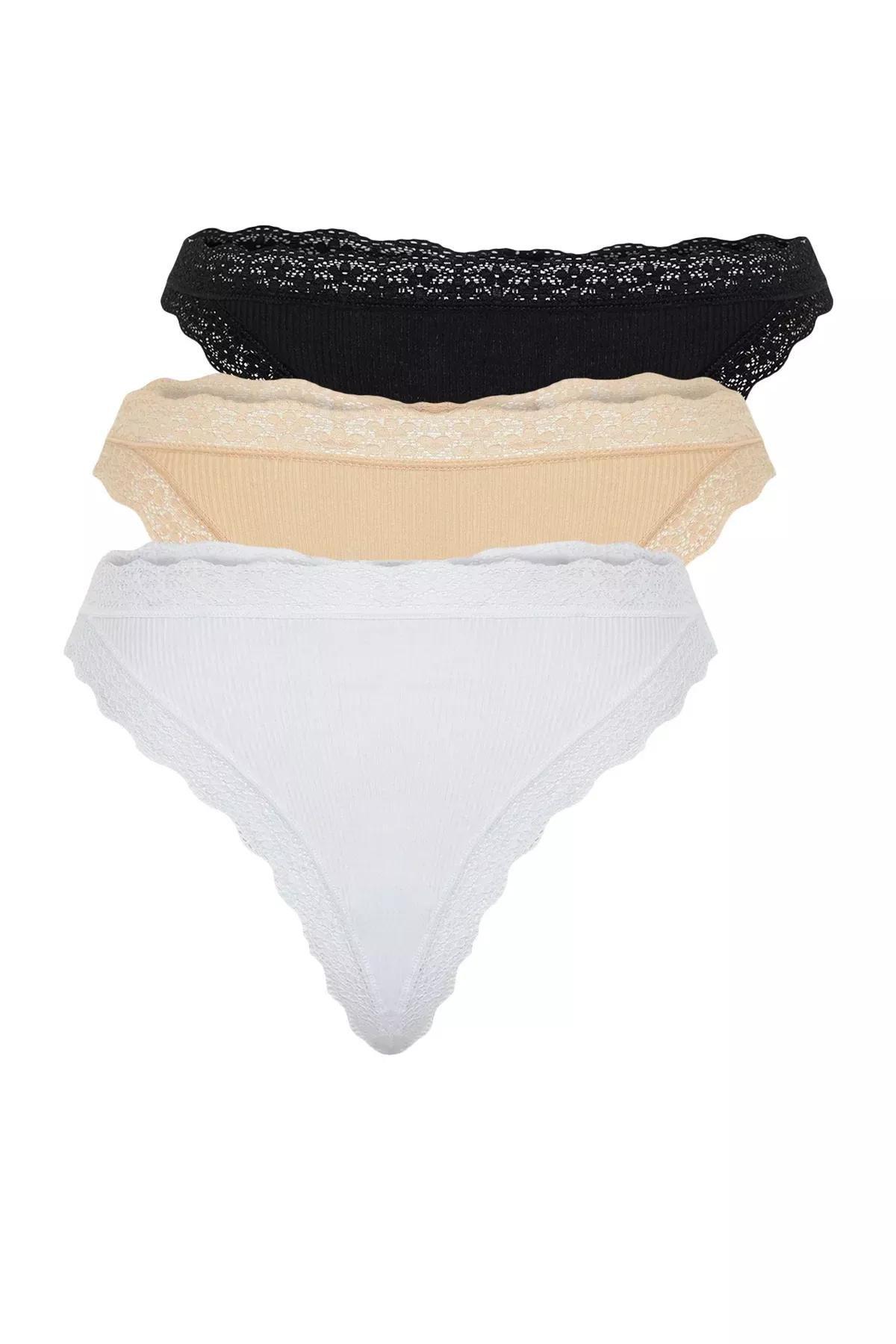 Multicolour Cotton Ribbed Lace String Briefs, Set Of 4, Black-White-Skin, large image number 5