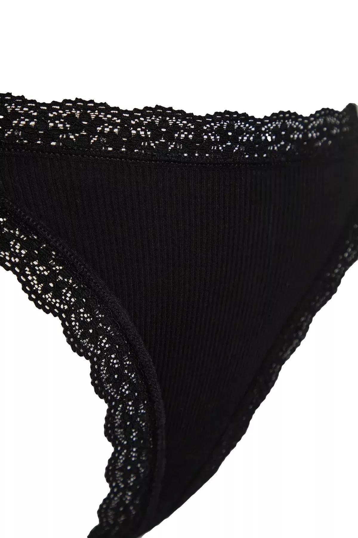 Multicolour Cotton Ribbed Lace String Briefs, Set Of 4, Black-White-Skin, large image number 6