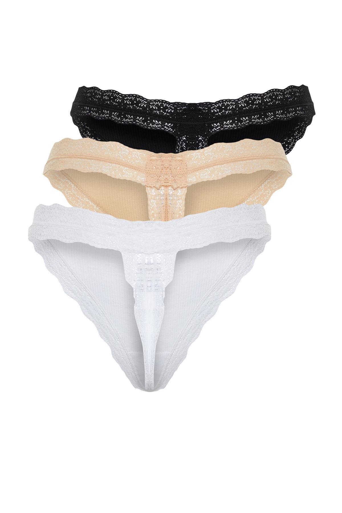 Multicolour Cotton Ribbed Lace String Briefs, Set Of 4, , large image number 7