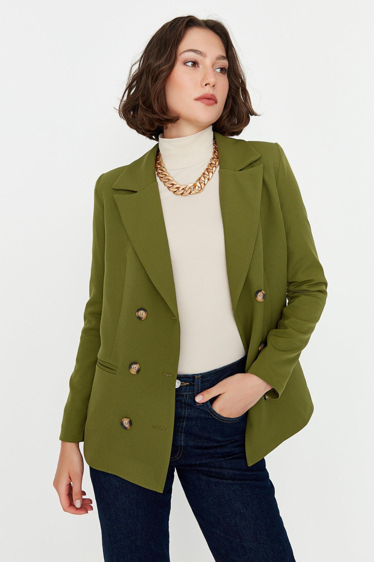 Green Regular Lapel Collar Blazer, , large image number 2