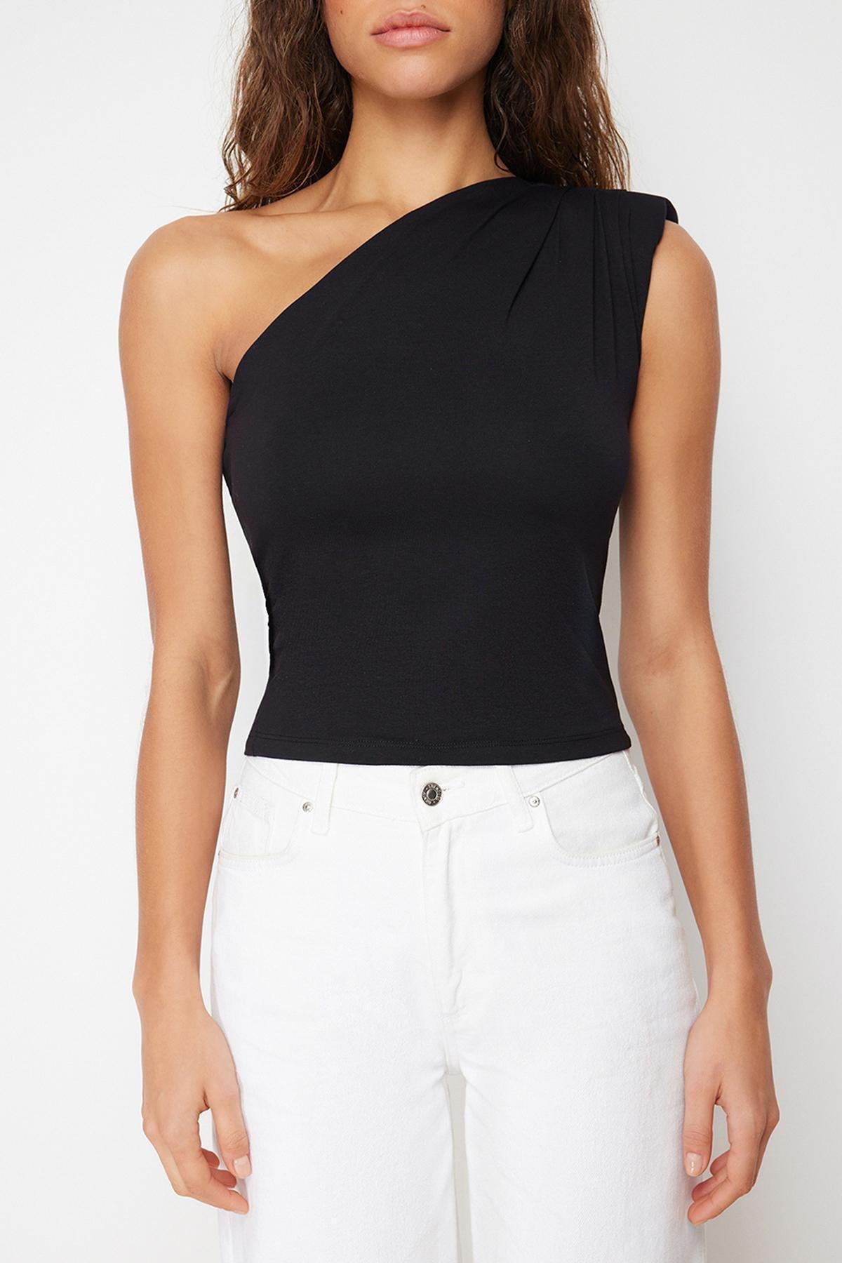 Black Asymmetrical One-Shoulder Knitted Blouse, , large image number 1