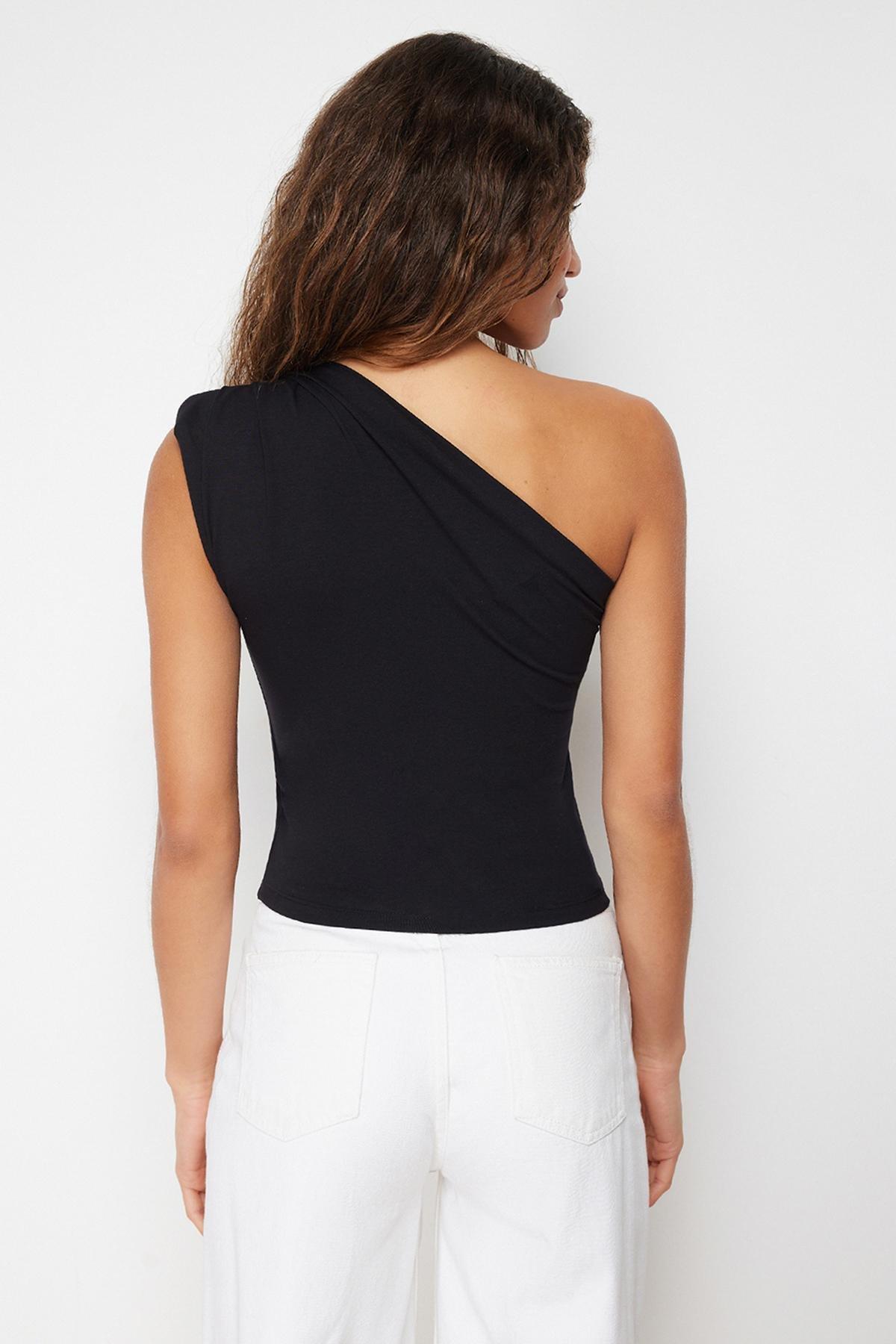 Black Asymmetrical One-Shoulder Knitted Blouse, , large image number 3