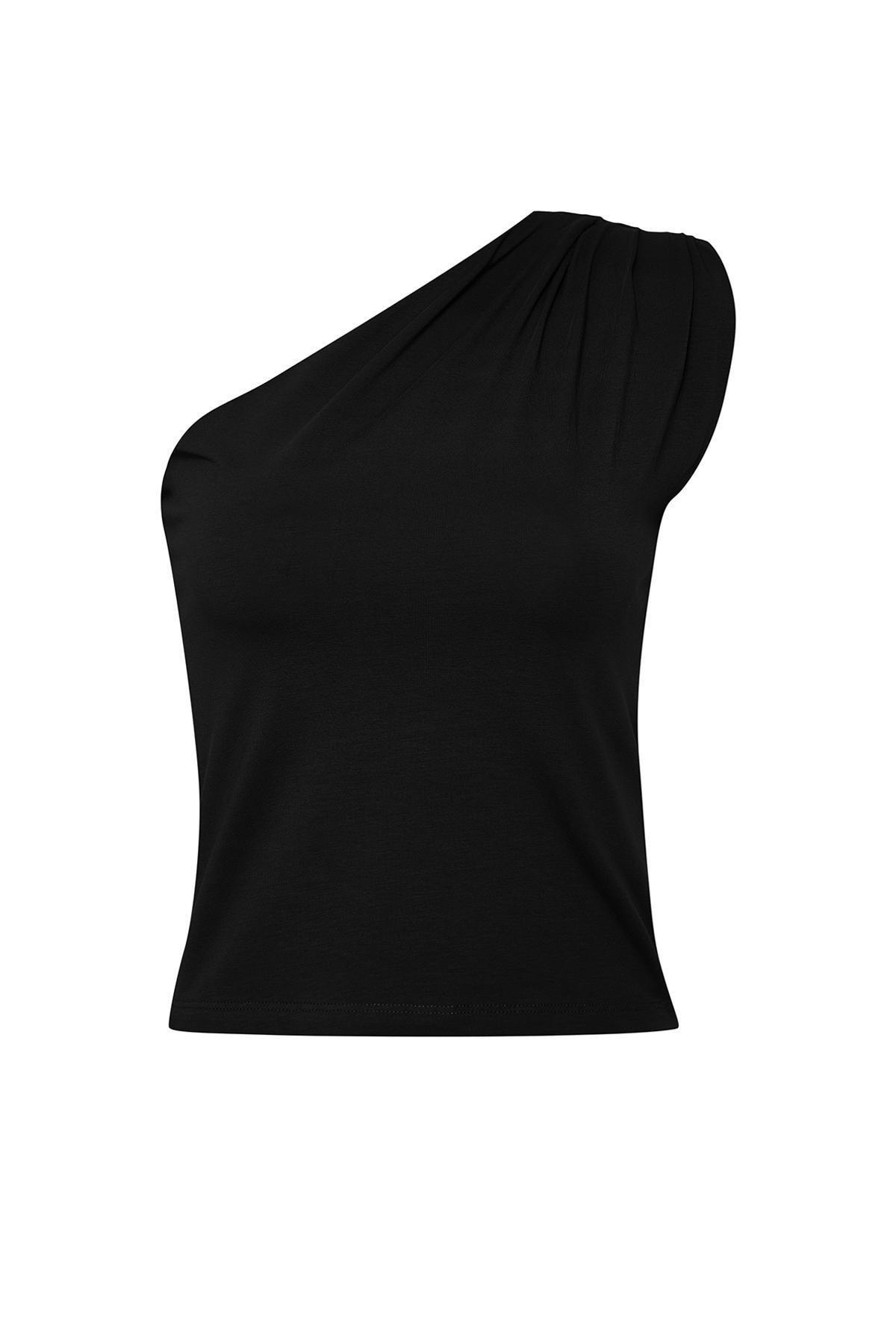 Black Asymmetrical One-Shoulder Knitted Blouse, , large image number 5