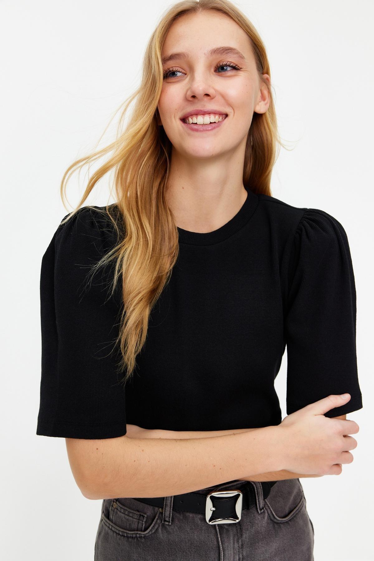 Black Balloon Sleeve Crew Neck Blouse, , large image number 1