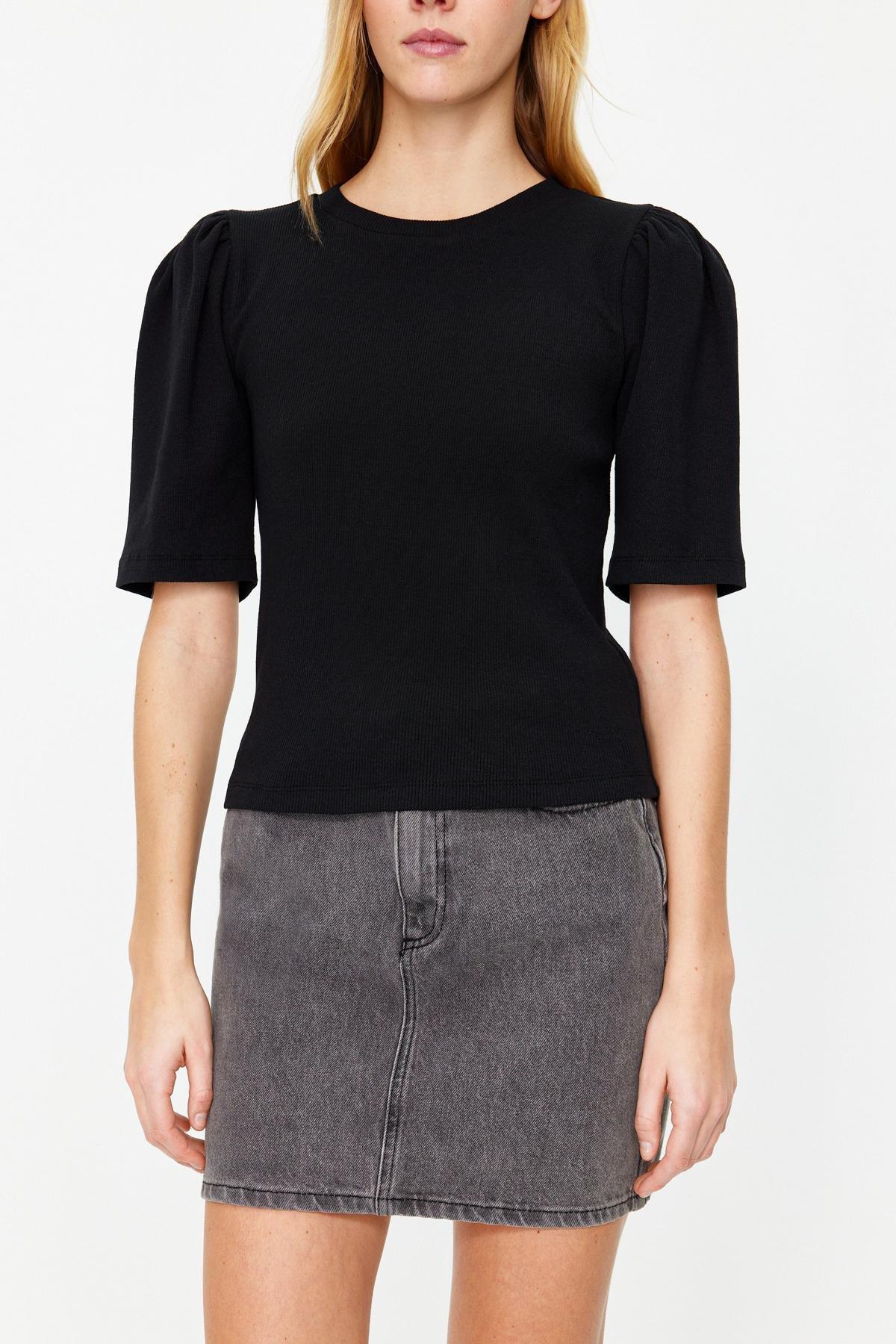 Black Balloon Sleeve Crew Neck Blouse, , large image number 3