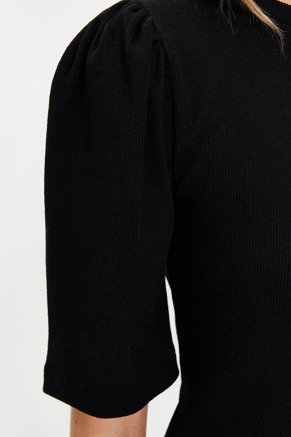 Black Balloon Sleeve Crew Neck Blouse, , large image number 4