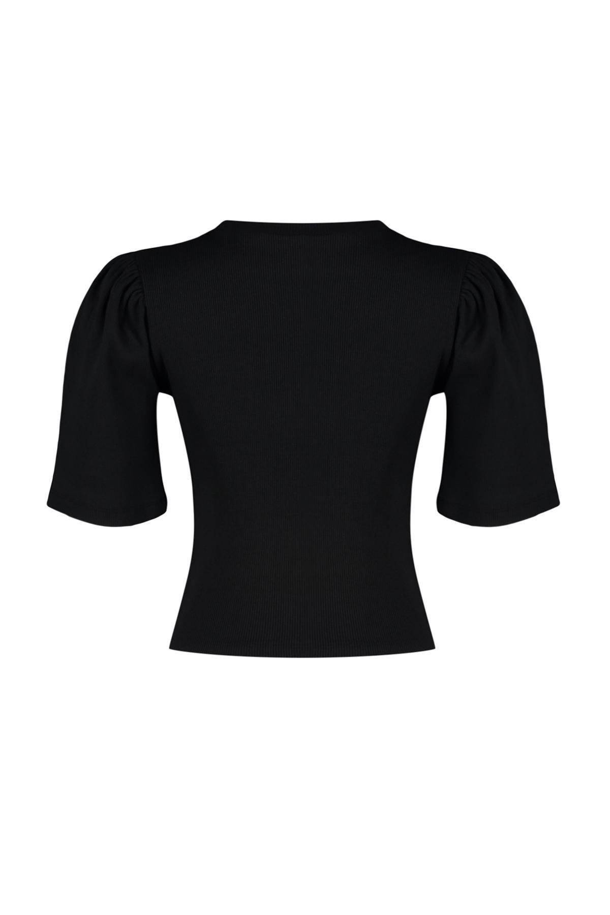 Black Balloon Sleeve Crew Neck Blouse, , large image number 5