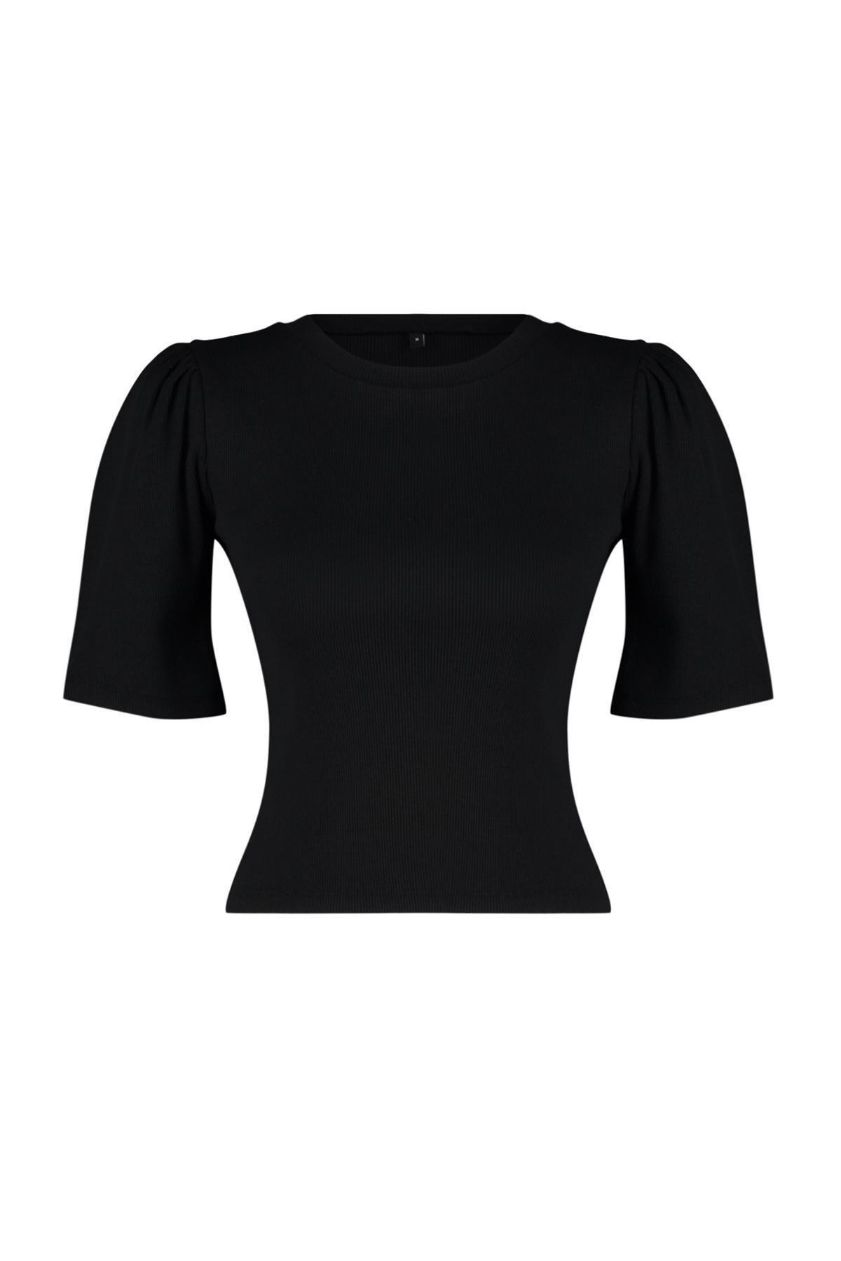 Black Balloon Sleeve Crew Neck Blouse, , large image number 6