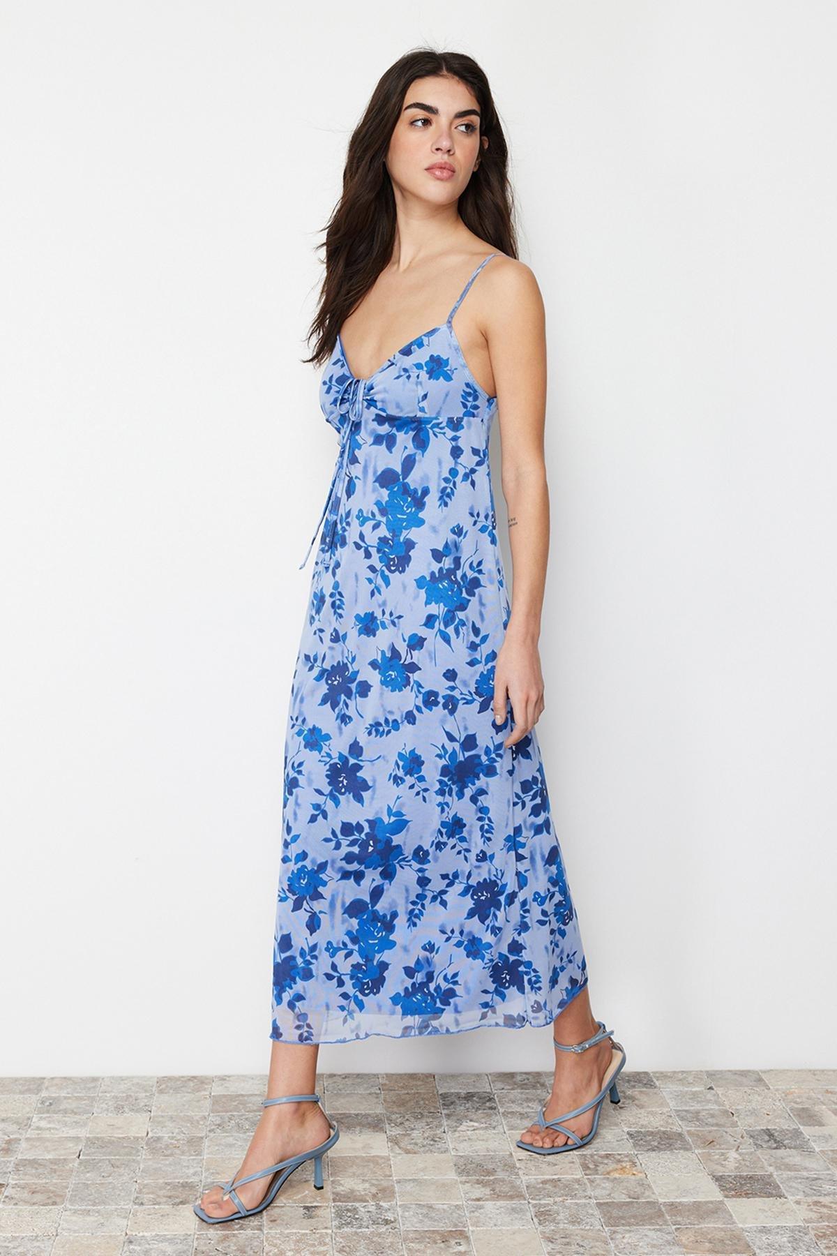 Blue Printed Knitted Maxi Dress, , large image number 0